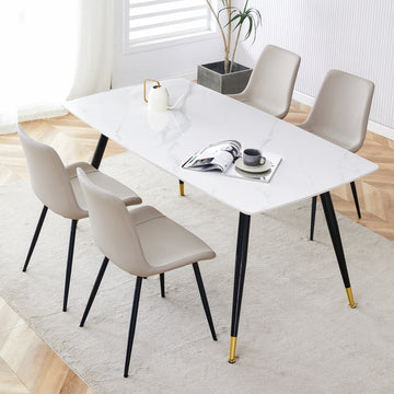 Table And Chair Set, White Imitation Marble Texture Rock Board Table Top, Black Metal Table Legs, Stable And Beautiful. Modern Simple Dining Table, Comfortable Seating. White Gray Seats 4 Metal