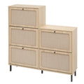 Rattan 5 Door Shoe Rack, Freestanding Modern Shoe Storage Cabinet, For Entryway Natural Mdf