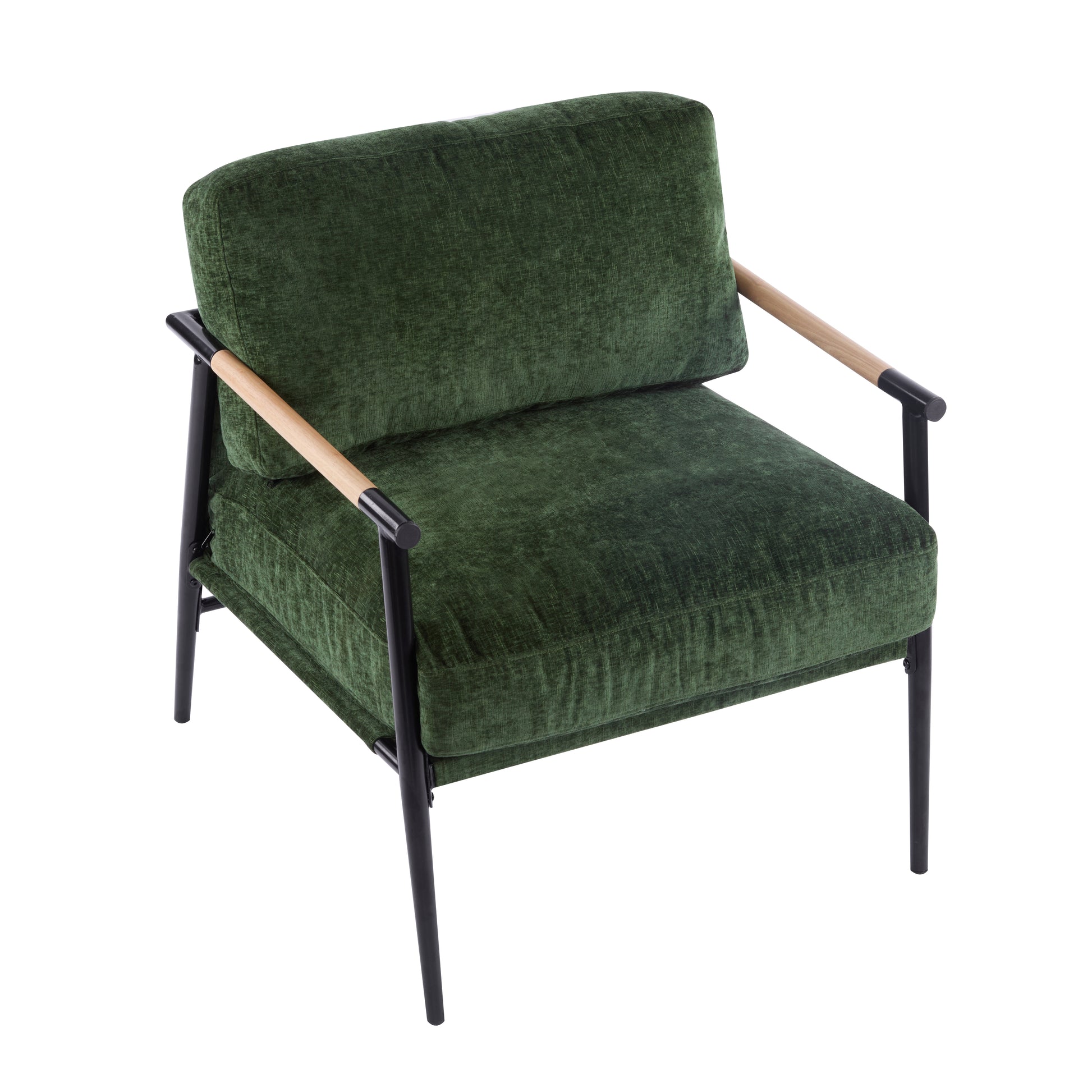 27.56" Modern Accent Chair With Plush Cushions, Minimalist Metal Frame, And Wooden Armrest Design Perfect For Cozy Living Room, Bedroom, Or Office Seating Green Metal,Polyester,Solid Wood