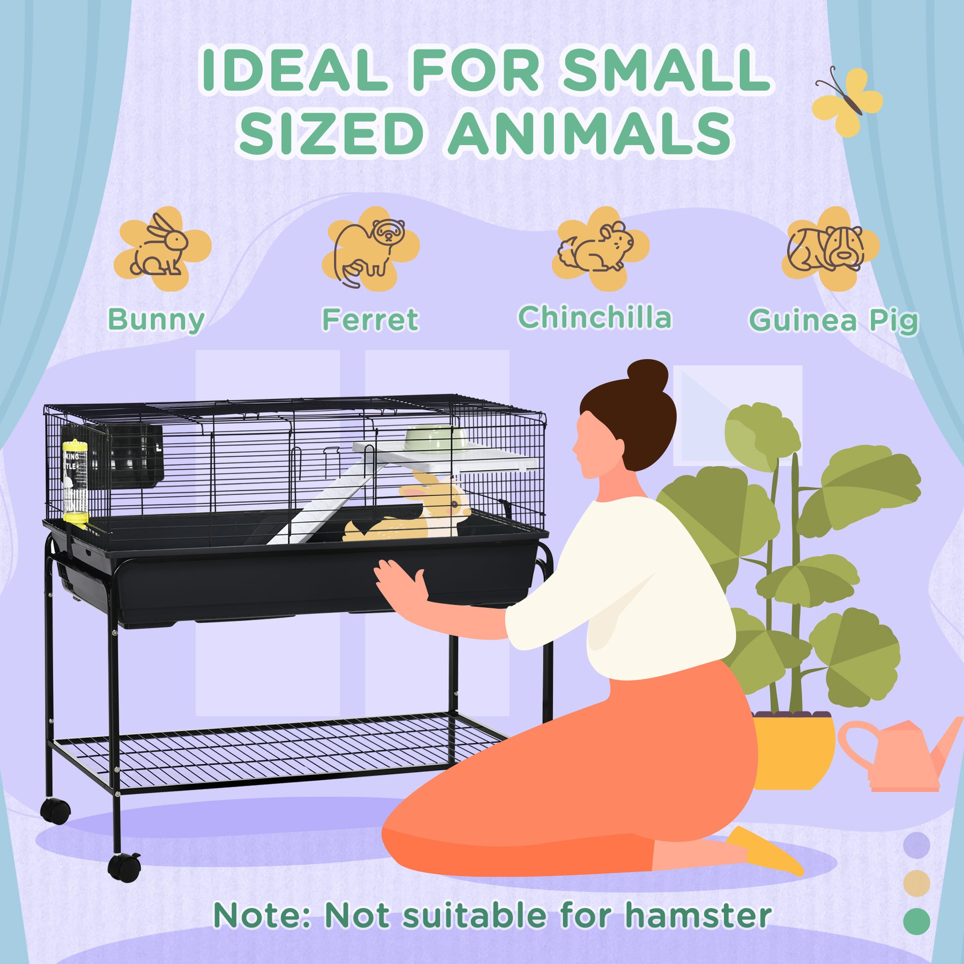 Pawhut Two Story Small Animal Cage Removable From Stand, Guinea Pig Cage, Hedgehog Cage, Chinchilla Cage, Ferret, With Shelf & Wheels, Pet Habitat, 39" X 20.5" X 36.5" Black Grey Plastic