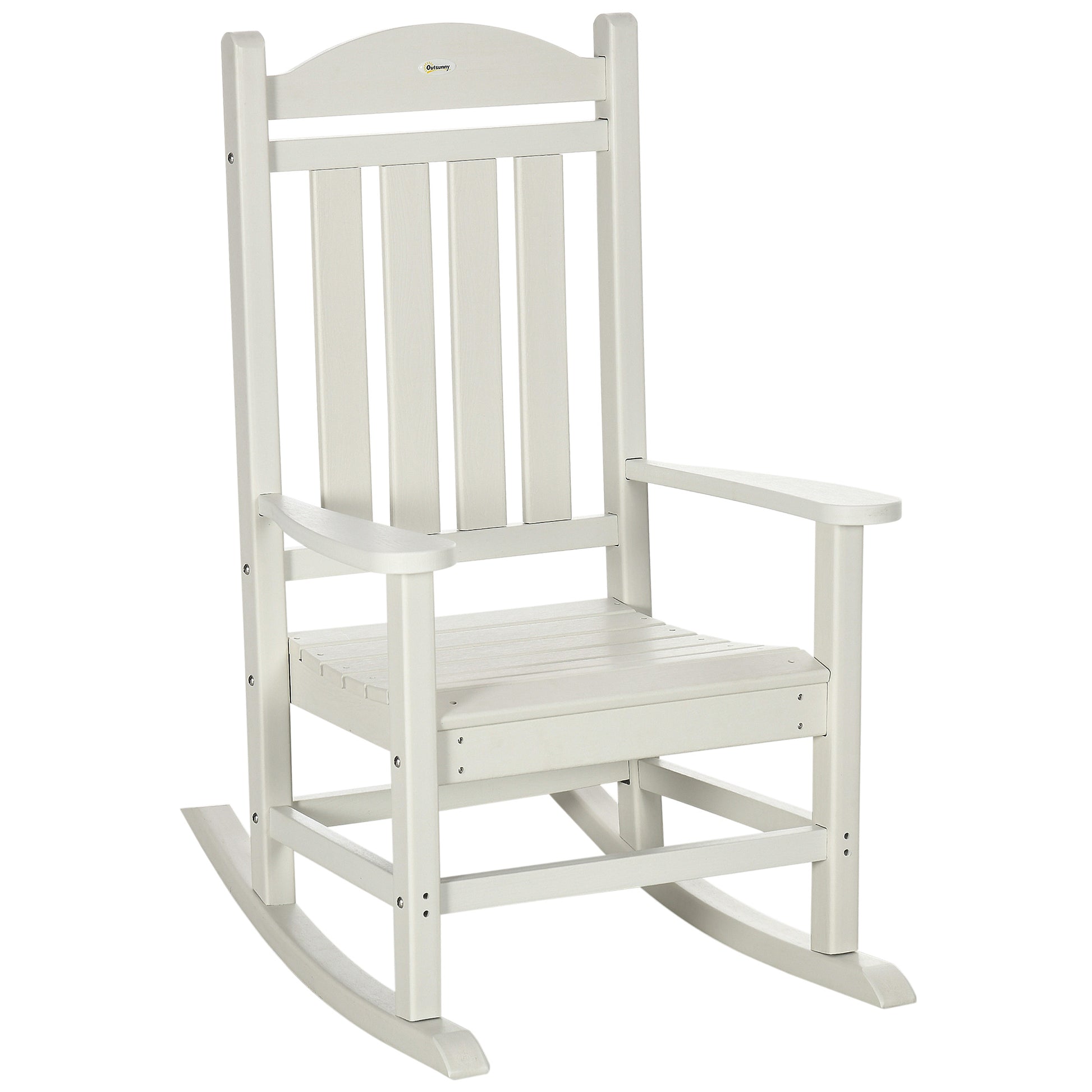 Outsunny Outdoor Rocking Chair, All Weather Resistant Hdpe Rocking Patio Chairs With Rustic High Back, Armrests, Oversized Seat And Slatted Backrest, 350Lbs Weight Capacity, White White Plastic