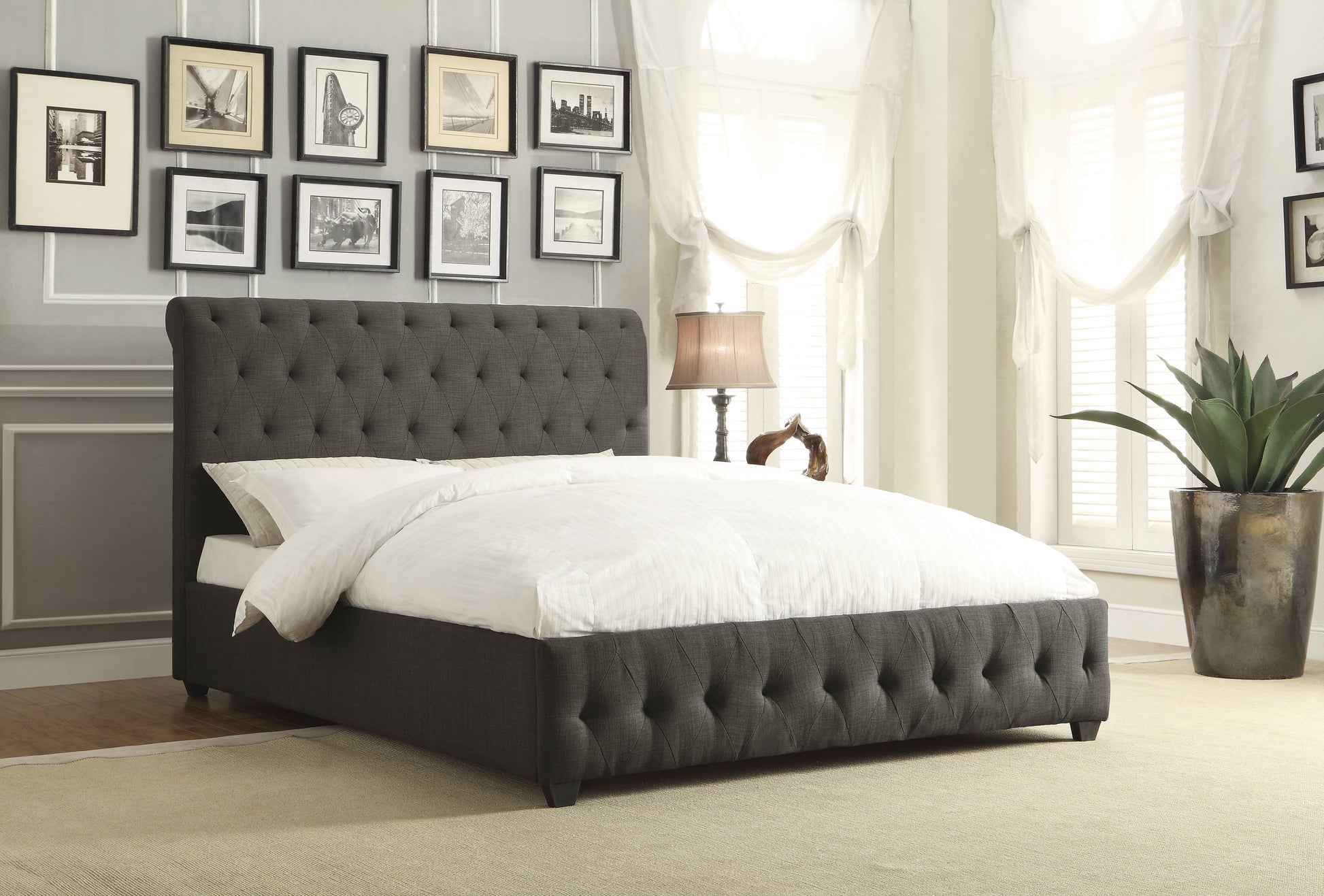 Dark Gray Fabric Upholstered Queen Bed Tufted Headboard Footboard Solid Wood Frame 1Pc Bedroom Furniture Box Spring Required Queen Dark Gray Wood Bedroom Solid Wood