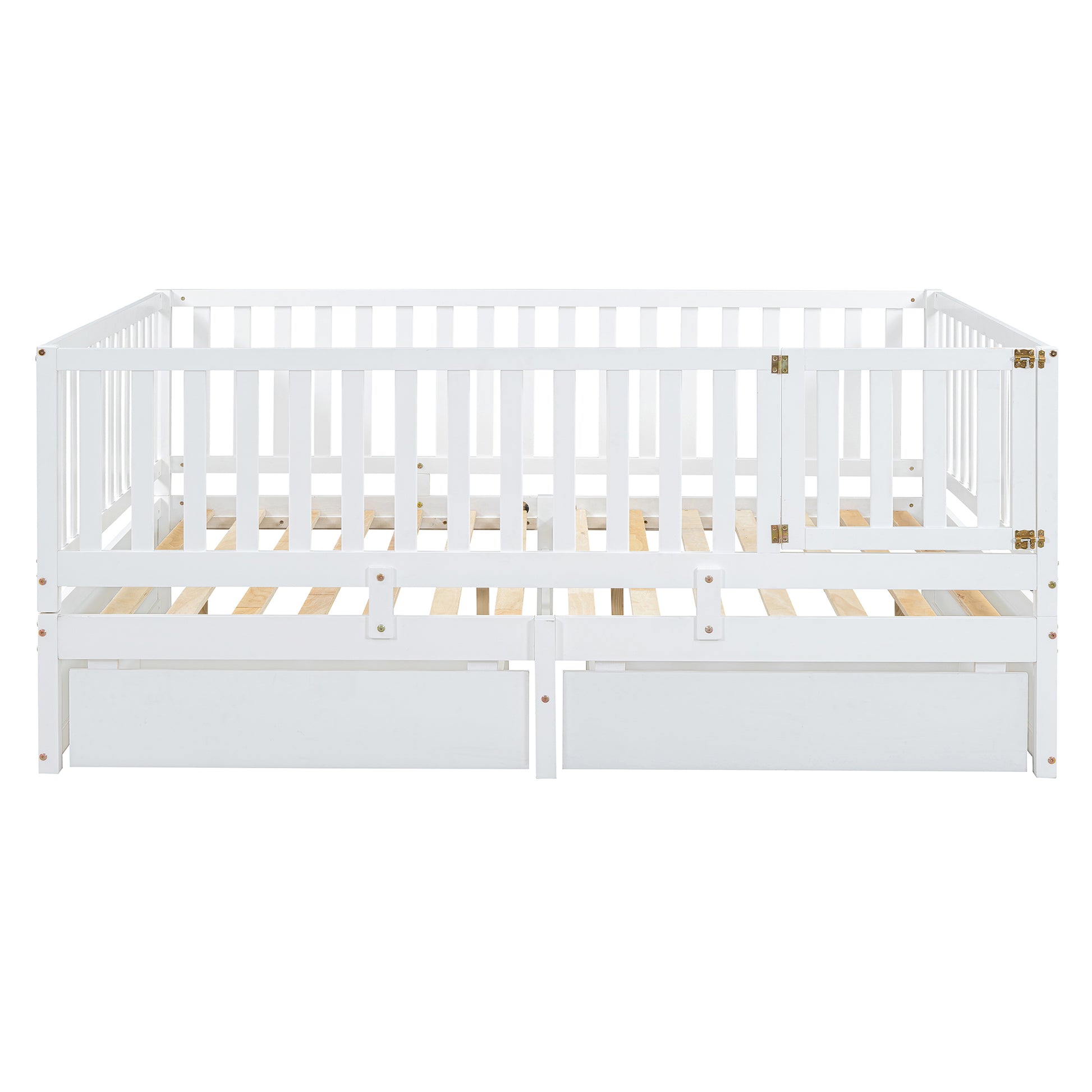 Full Size Wood Daybed With Fence Guardrails And 2 Drawers, Split Into Independent Floor Bed & Daybed, White Old Sku :Lp000882Aak Full White Solid Wood Mdf