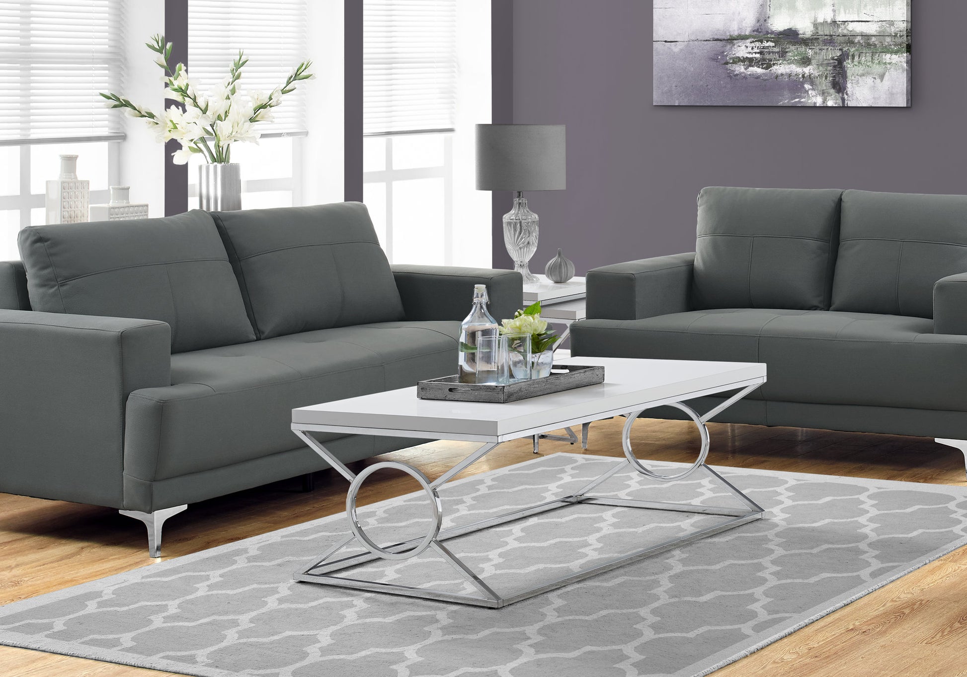 Coffee Table, Accent, Cocktail, Rectangular, Living Room, 44"L, Glossy White Laminate, Chrome Metal, Contemporary, Modern White Metal