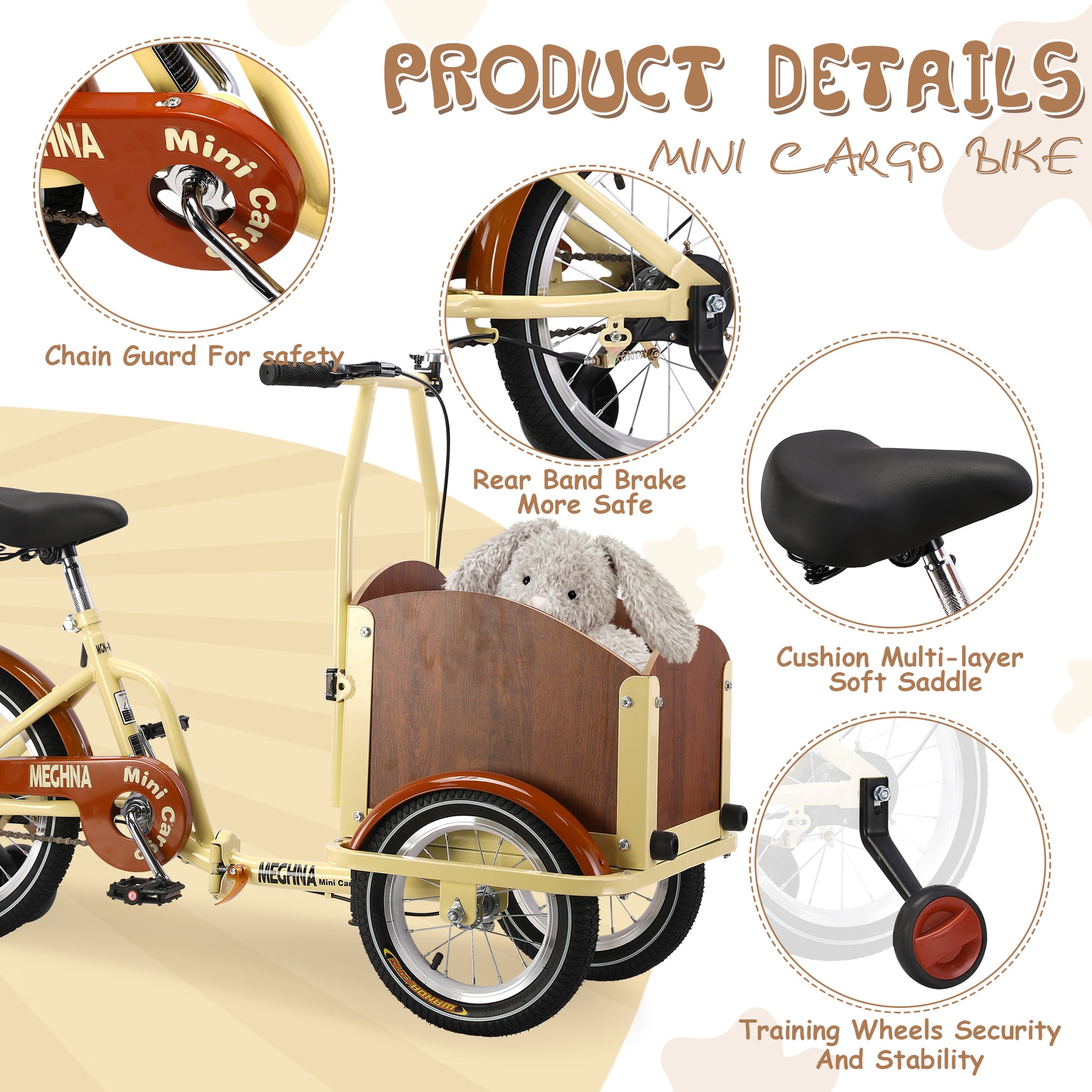 Foldable Tricycle For Kids Ages 6 12,Mini Cargo Bike,Pet Bike,Reverse Tricycle,Outdoor Parent Child Bike For Travel,With Cargo Basket And Training Wheels. Beige Steel