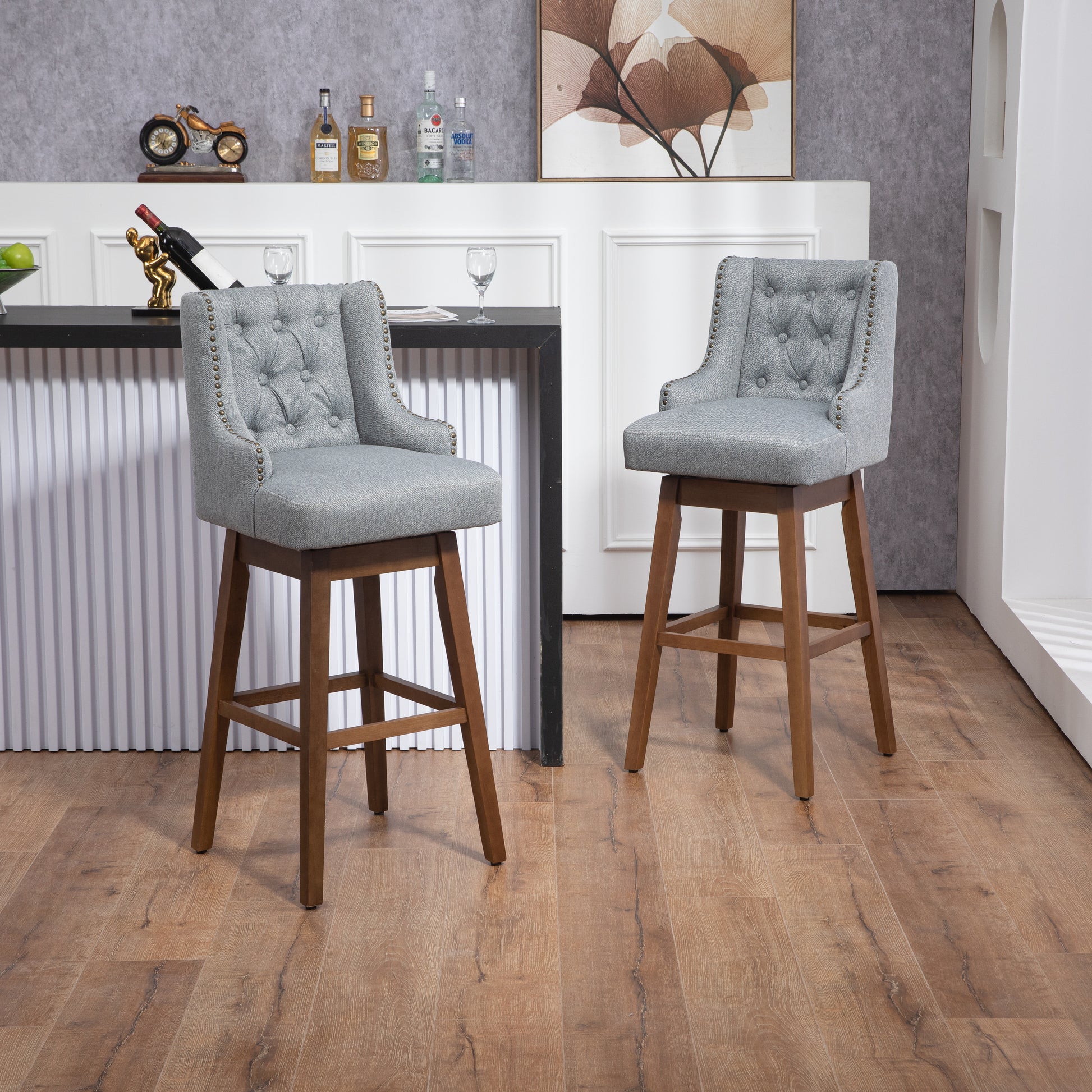 Coolmore Bar Stools Set Of 2 Counter Height Chairs With Footrest For Kitchen, Dining Room And 360 Degree Solid Wood Legs Swivel Bar Stools Set Of 2 Gary Linen Gray Foam Linen