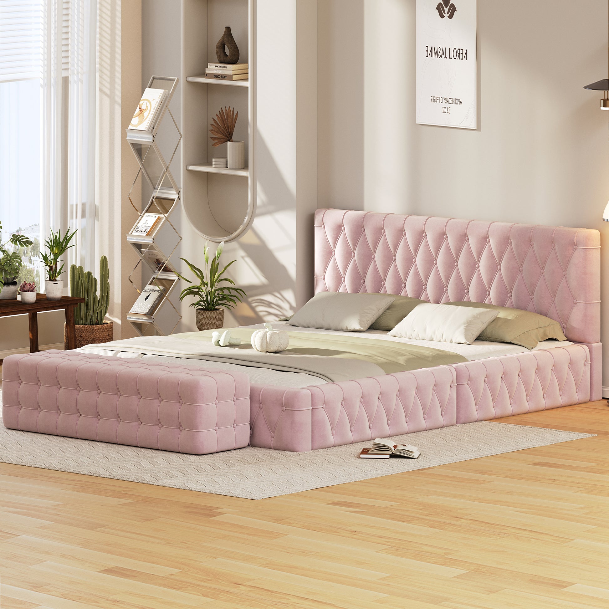 2 Pieces Bedroom Sets Queen Size Upholstered Bed With Rectangular Upholstered Ottoman For Bedroom,Pink Queen Pink 2 Piece Set Solid Wood Mdf