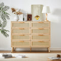 Bedroom Dresser, 8 Double Dresser With Rattan Drawers, Wood Chest Of Drawers For Kids Room, Living Room, Entry And Hallway, Natural, 47.2''W X 15.8''D X 37.4''H. Natural Particle Board