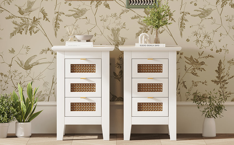 Wooden Nightstands Set Of 2 With Rattan Woven Surfaces And Three Drawers, Exquisite Elegance With Natural Storage Solutions For Bedroom, White White Particle Board