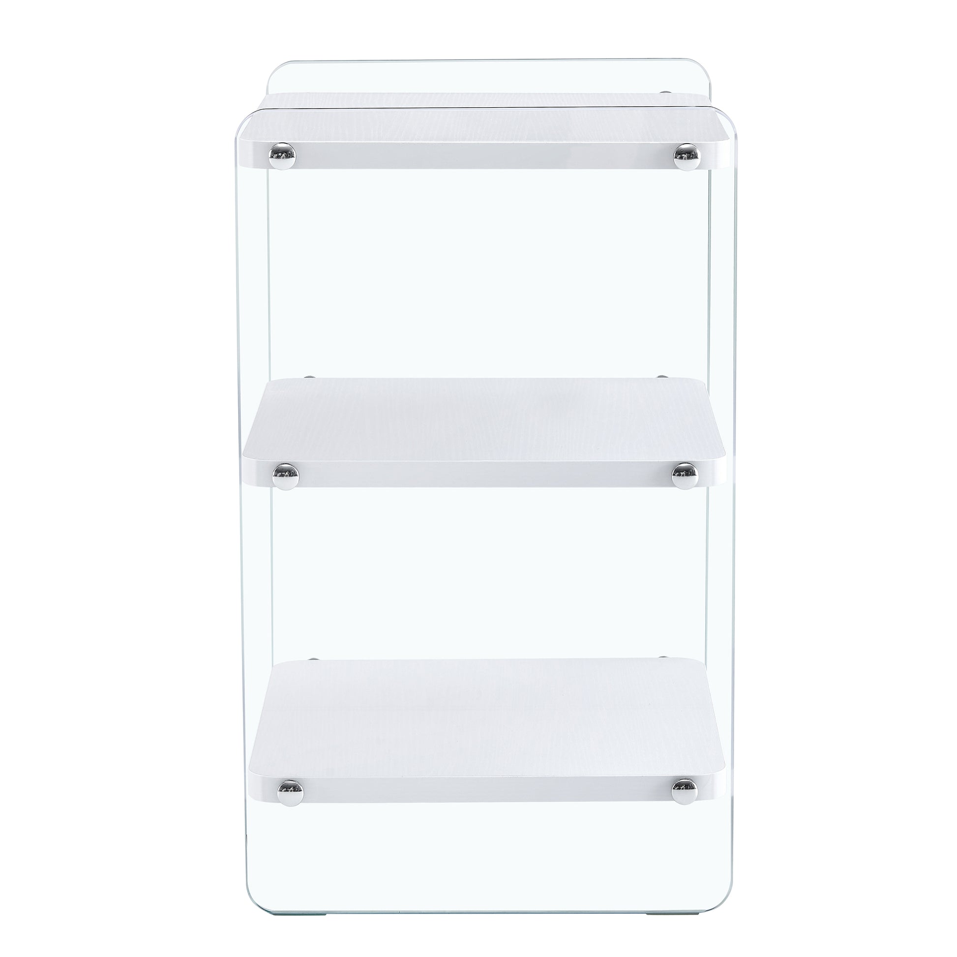 Three Levels Of Bedside Tables. The Board Surface Is Mdf, With White Stickers, And Both Sides Are Transparent Tempered Glass. The Design Is Simple And Generous, With Storage Function. White Mdf Glass