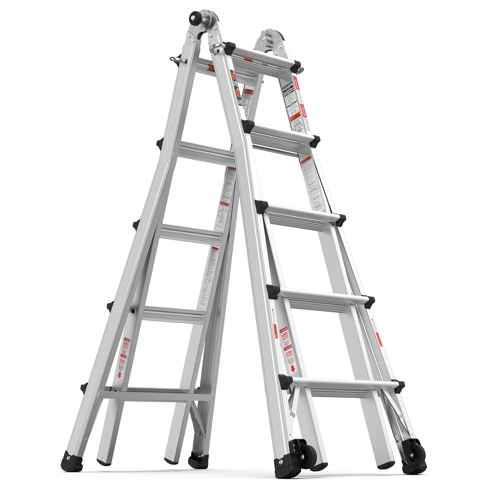 Aluminum Multi Position Ladder With Wheels, 300 Lbs Weight Rating, 22 Ft Metallic Grey Aluminium Alloy