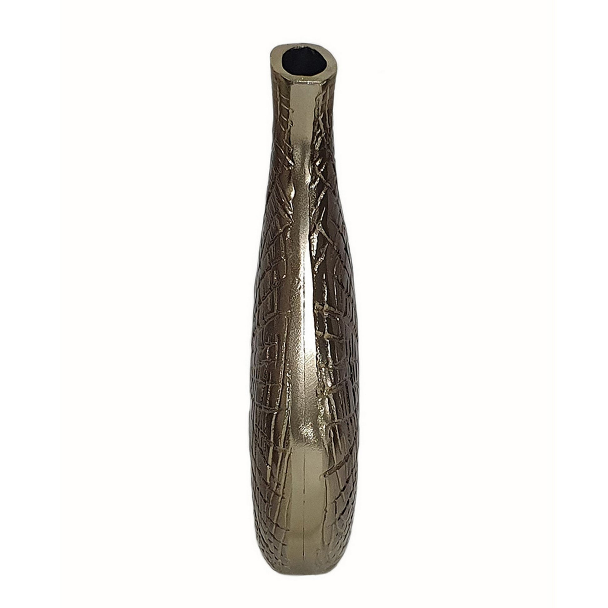 Zelo 11 Inch Decorative Vase, Aluminum, Webbed Design, Bottleneck, Gold Gold Brown Aluminium