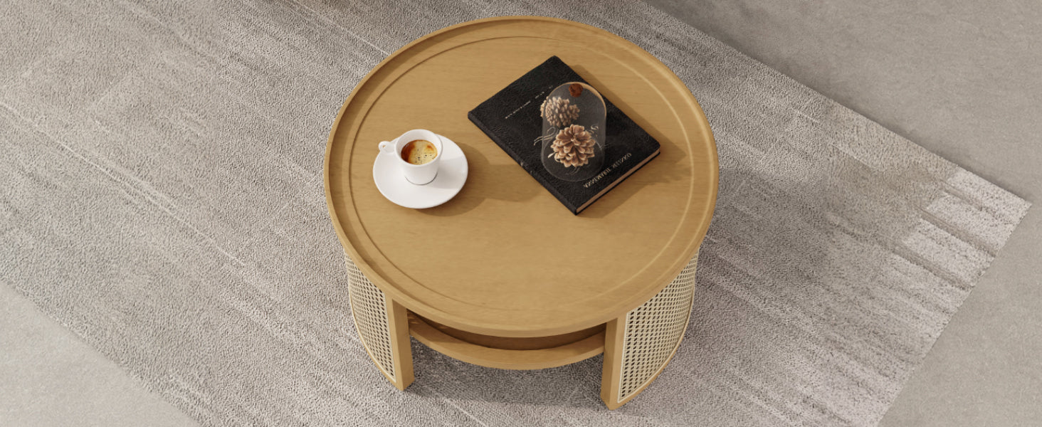 2 Tiered Round Natural Wood Coffee Table With Storage Rattan Base In 31.3'' Natural Rubber Wood