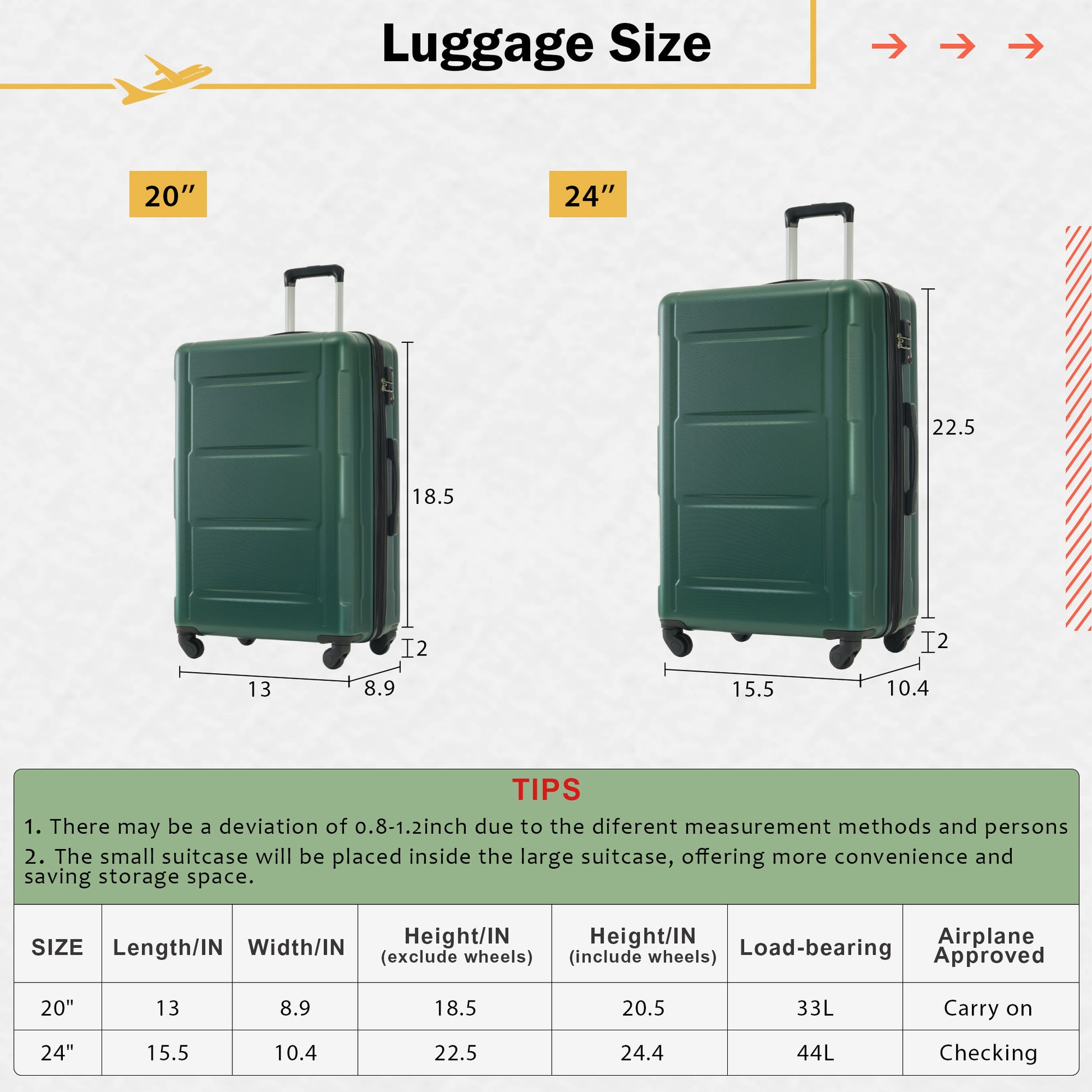 2 Piece Luggage Set With Bags Expanable Spinner Wheels Abs Lightweight Suitcase With Tsa Lock 20Inch 24Inch Green Abs