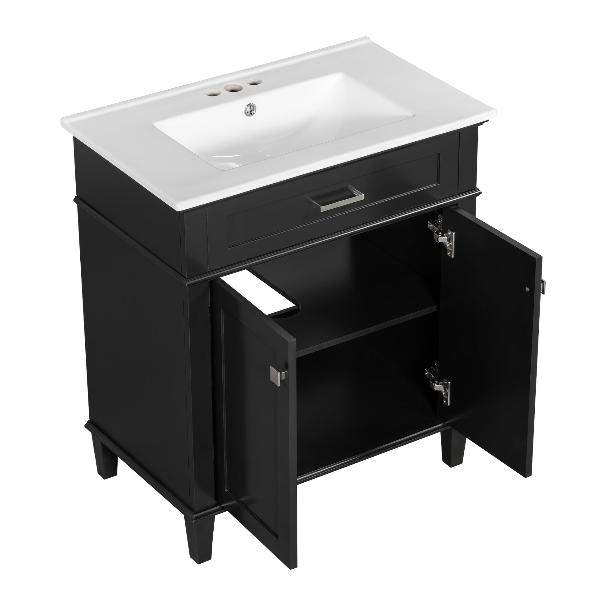 30 Inch Bathroom Vanity With Ceramic Basin, Soft Close Door And Adjustable Shelves Black Bathroom Solid Wood Mdf