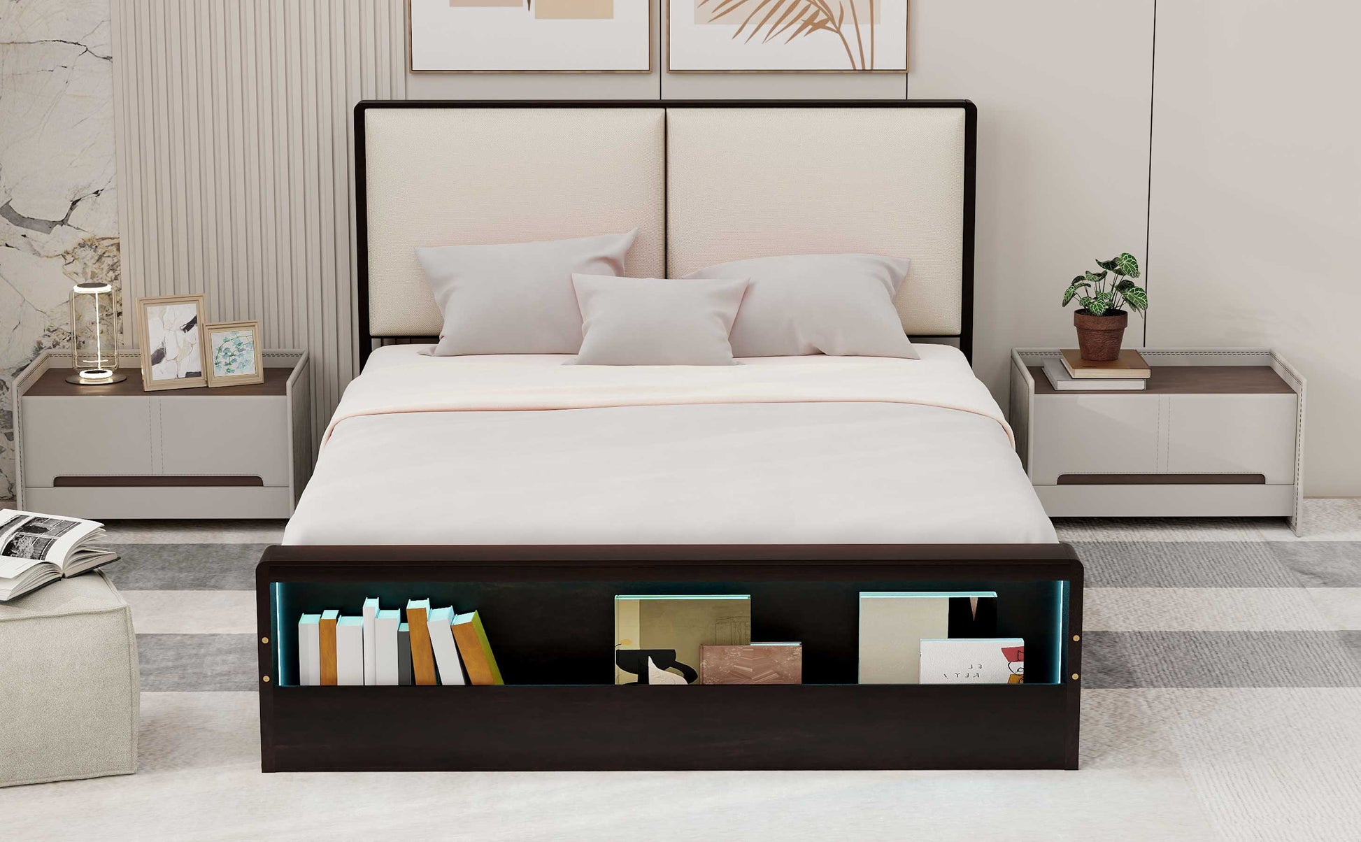 Queen Size Platform Bed Frame With Upholstery Headboard And Bookshelf In Footboard And Led Light Strips, Espresso Queen Espresso Solid Wood Mdf
