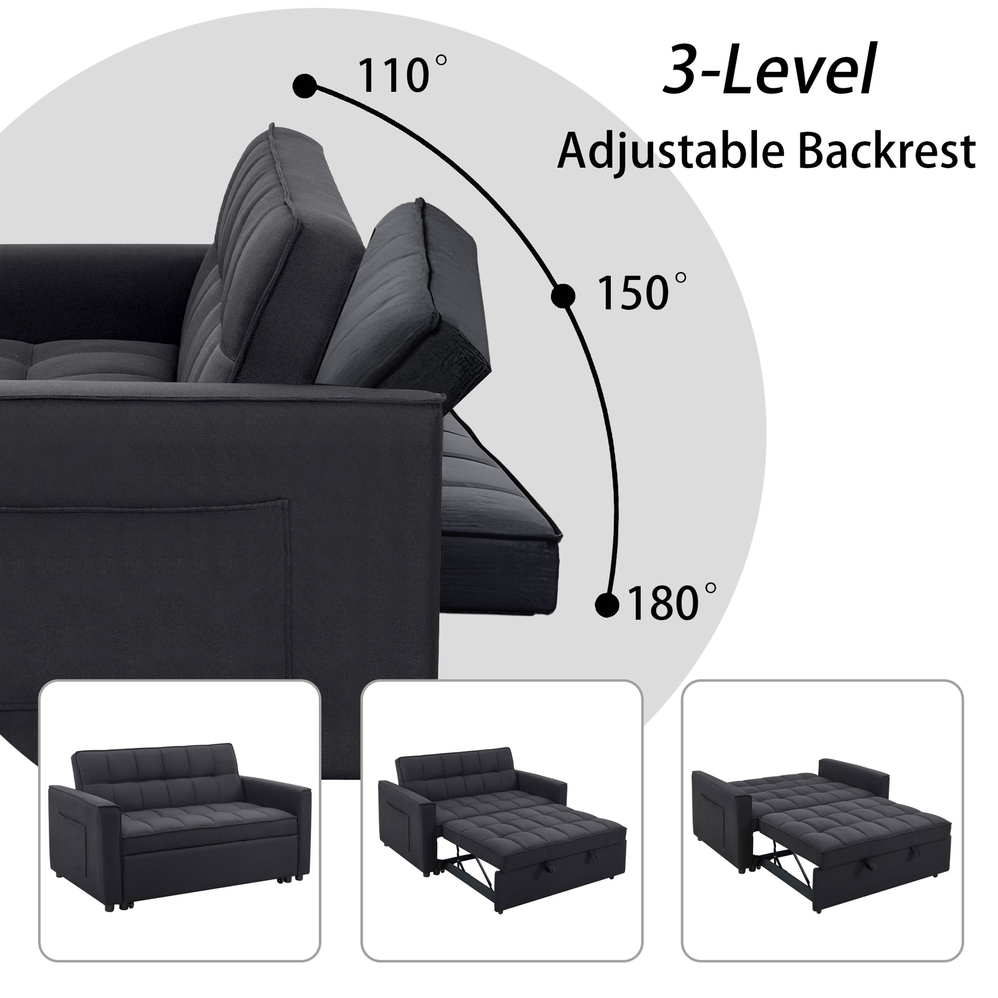 Stylish Black Pull Out Sofa Bed With Woven Polyester Fabric & Solid Wood Frame Black Polyester 2 Seat