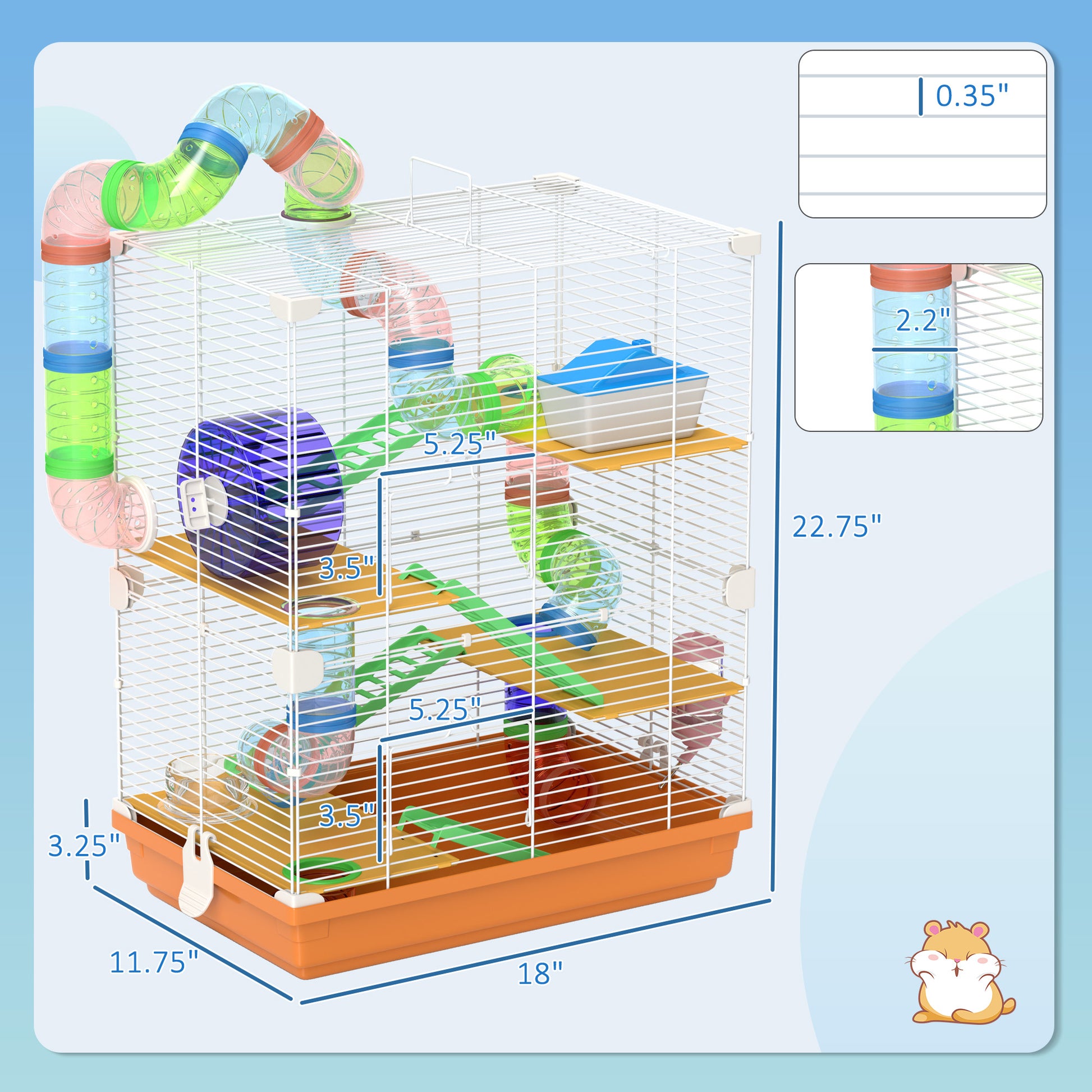 Pawhut 18" 5 Tier Hamster Cage With Tubes And Tunnels, Small Animal Cage With Portable Carry Handle, Gerbil Cage With Water Bottle, Food Dish, Exercise Wheel, Orange Orange Metal