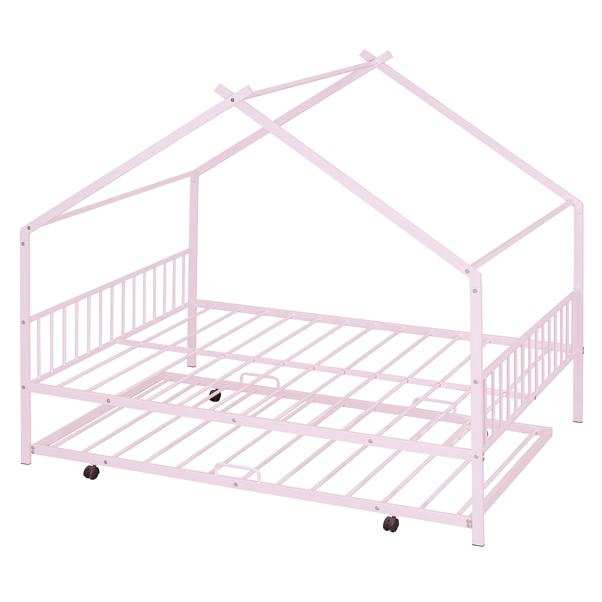 Full Size Metal House Bed With Twin Size Trundle, Pink Full Pink Metal