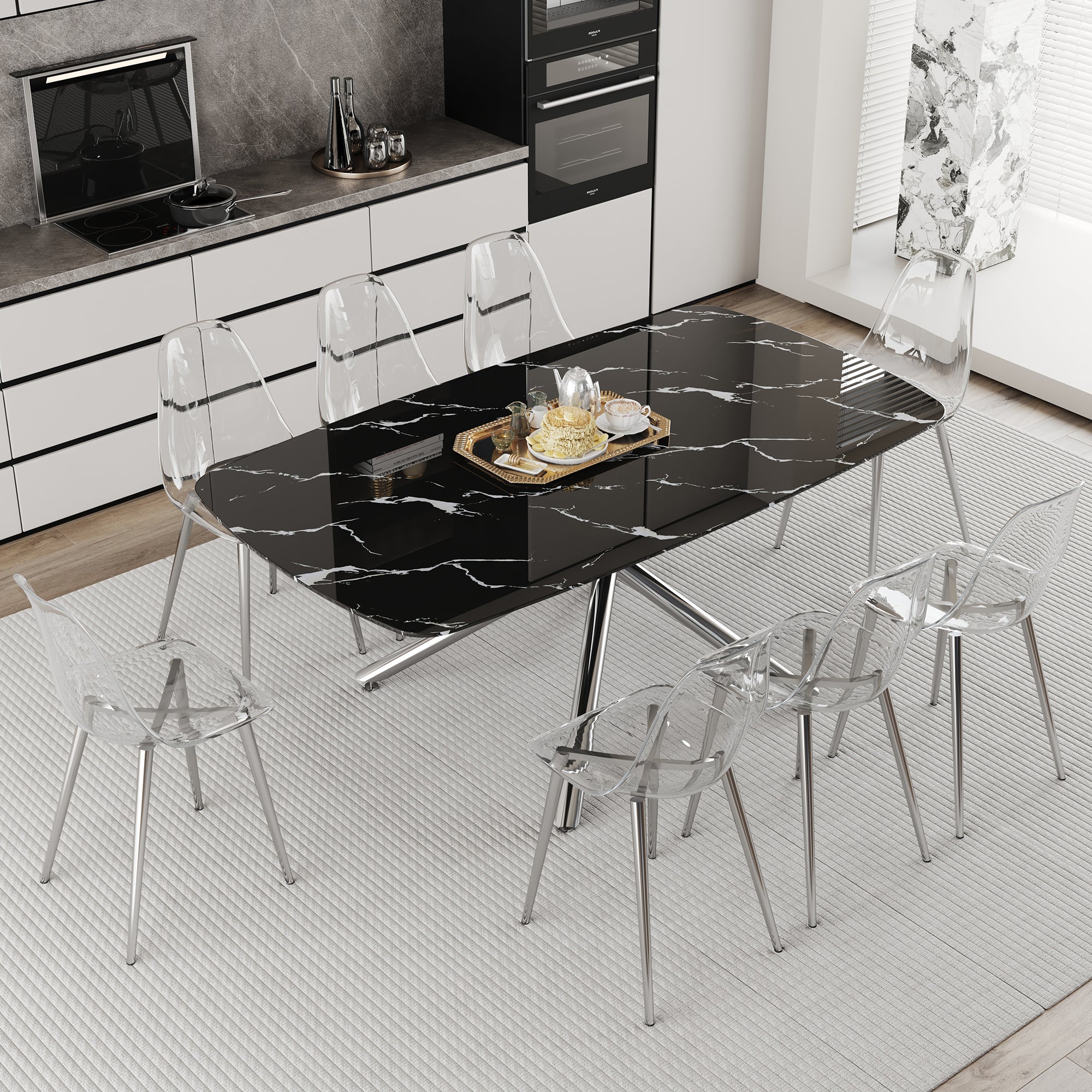 Table And Chair Set.Modern Luxurious Black Marble Patterned Tempered Glass Dining Table Set With Transparent Pp Chairs.8 Multiple Transparent High Quality Pp Dining Chairs With Silver Legs. Black