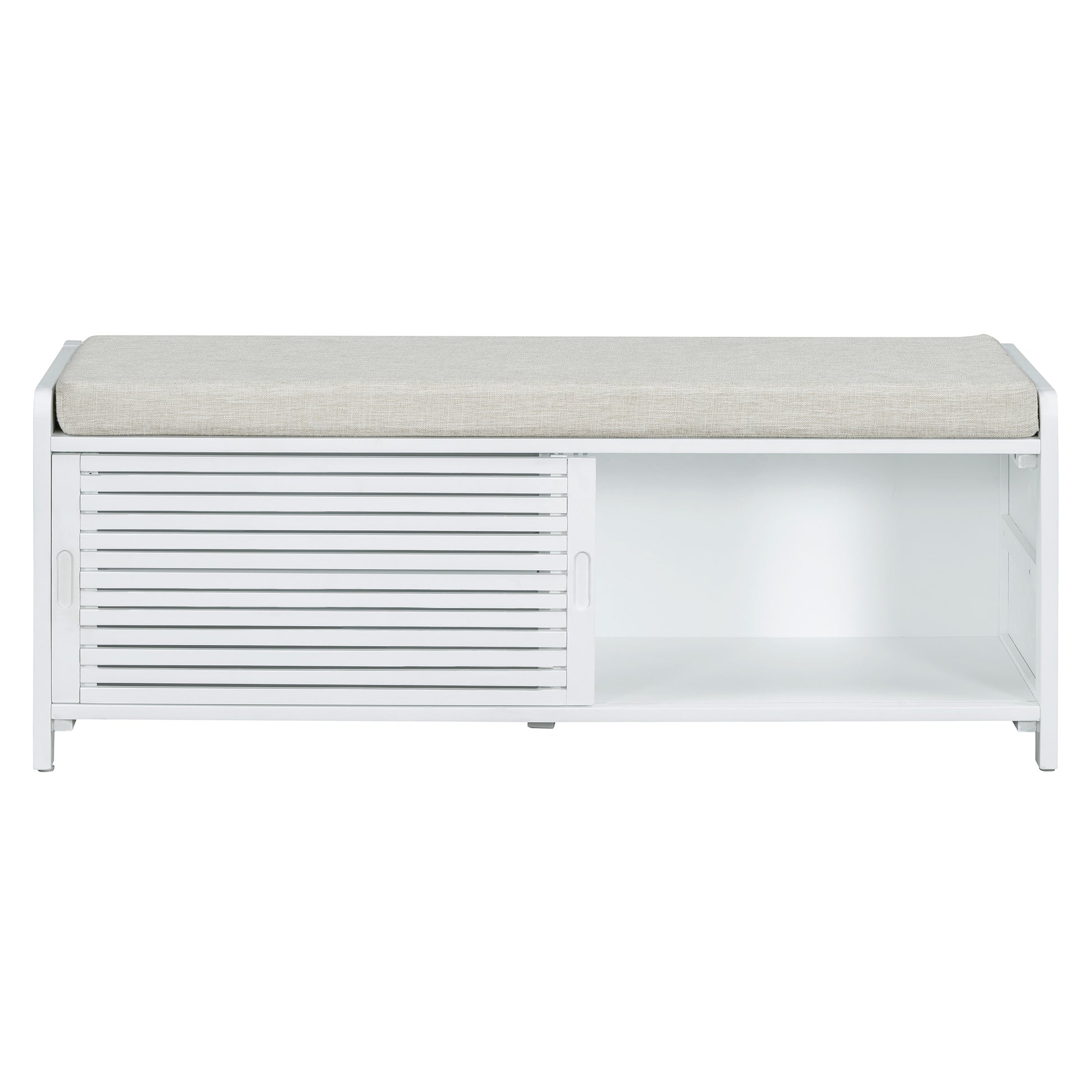 Distressed Shutter Storage Bench With Acacia Veneer For Retro Charm For Living Room, Entryway White White Mdf