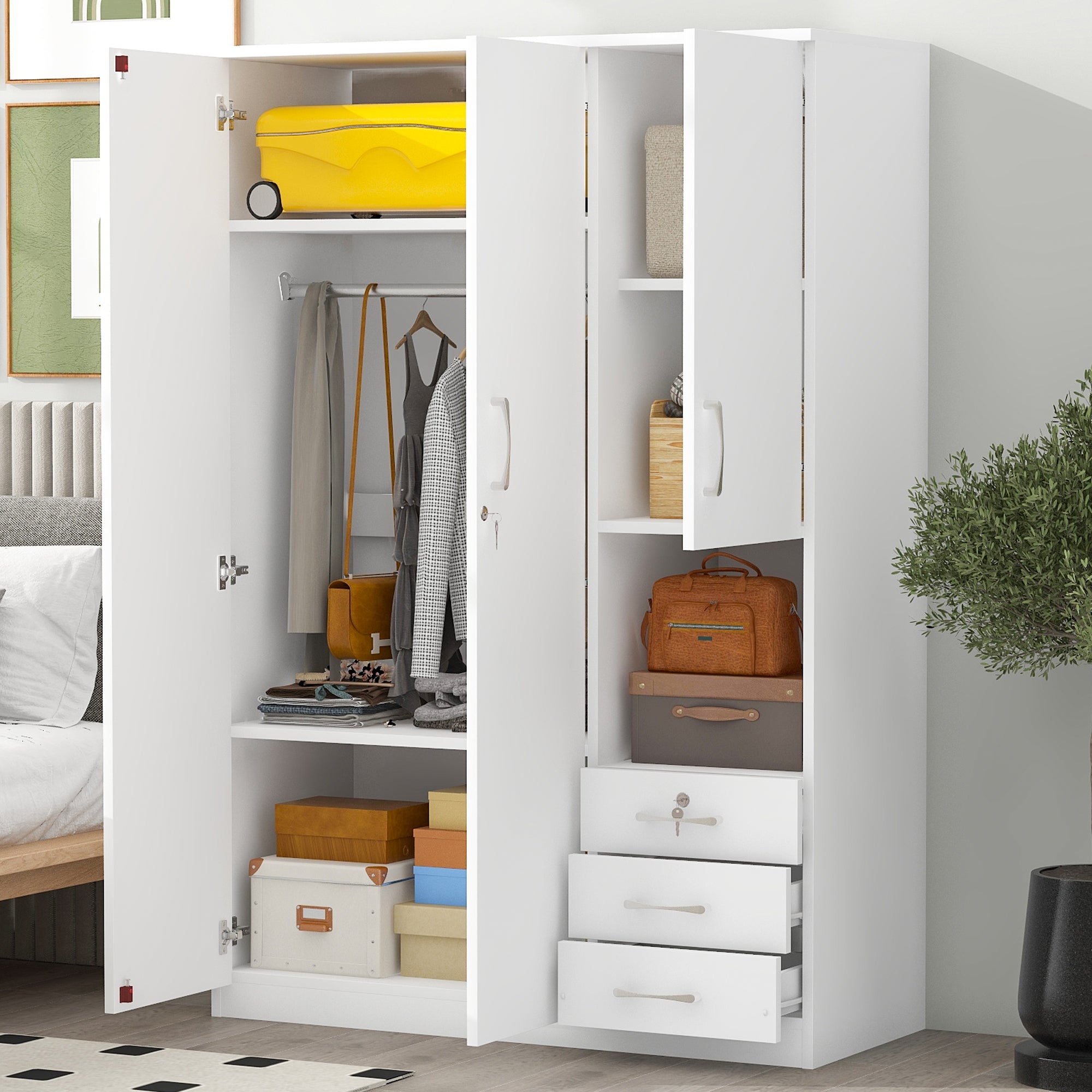 2 Doors Wooden Wardrobe Storage For Bedroom, With Shelves And 3 Drawers, White White Particle Board