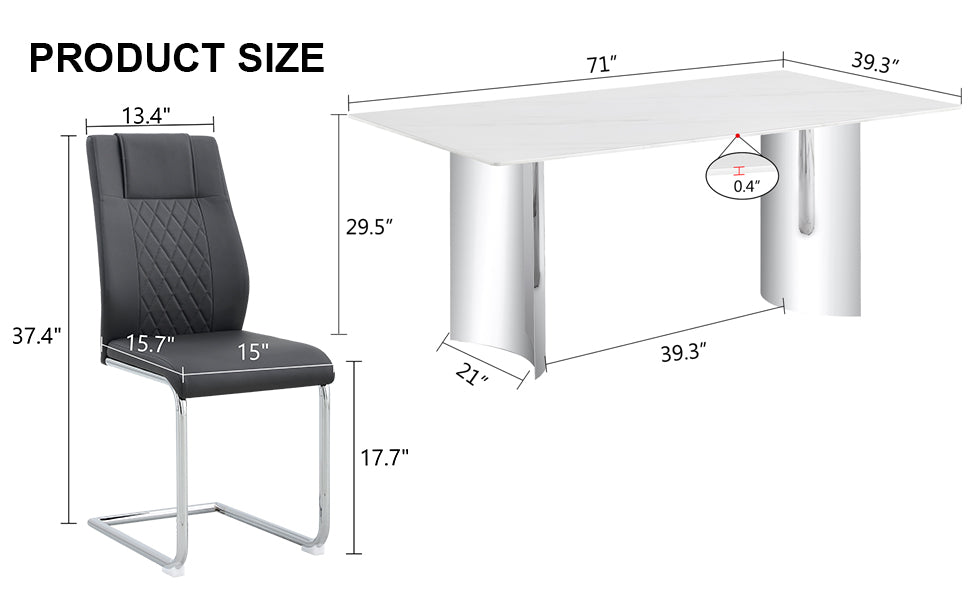 Table And Chair Set, Modern And Minimalist Dining Table. Imitation Marble Glass Sticker Desktop, Stainless Steel Legs, Stable And Beautiful. Comfortable Pu Seats. Dt 69 Silver Glass