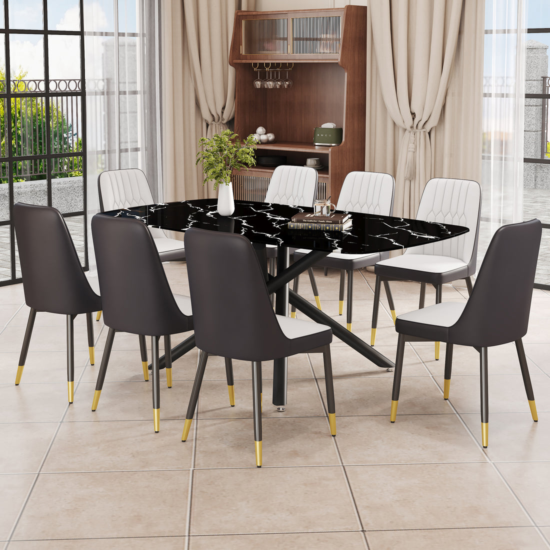 1 Table And 8 Chairs Set.A Rectangular Dining Table With A Imitation Marble Black Table Top And Black Metal Legs.Paired With 8 Chairs With Pu Leather Seat Cushion And Black Metal Legs.F 1537,C 007 Black Glass Metal