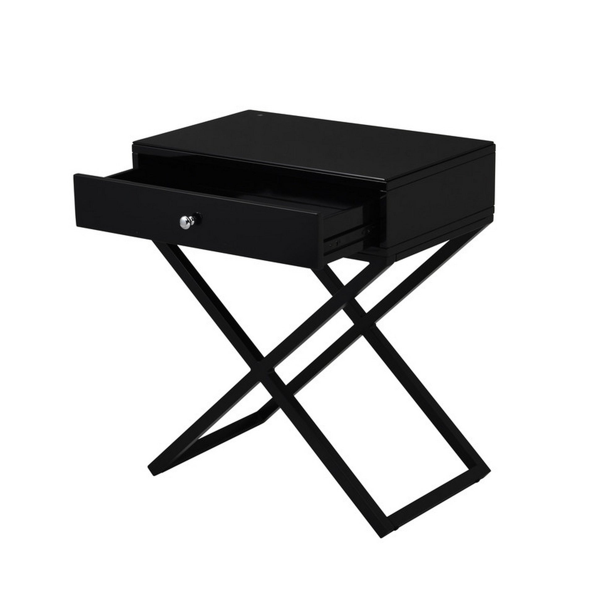 Zeno 27 Inch 1 Drawer Nightstand, Glass Top, Metal Cross Legs, Modern Black Black Silver Mdf Metal