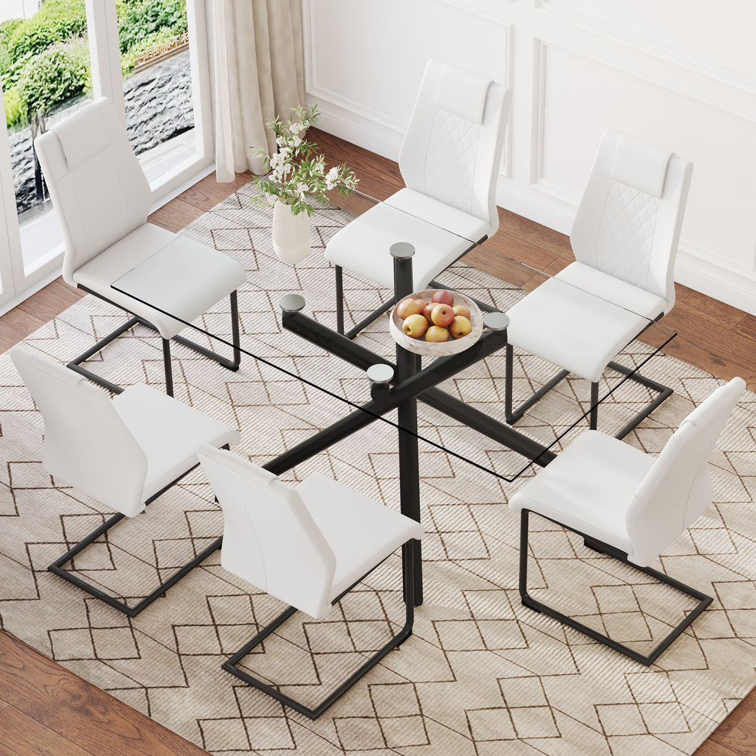 Table And Chair Set.Modern Rectangular Glass Dining Table With 0.39" Tempered Glass Tabletop And Black Metal Legs.Paired With Multiple Chairs Designed With Pu Cushions And Black Metal Legs. White Black Seats 6 Tempered Glass