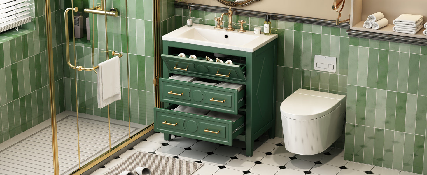 30'' Bathroom Vanity With Resin Sink Combo, Free Standing Single Vanity Set With 3 Drawers, Solid Wood Frame Bathroom Storage Cabinet, Green 3 Green Bathroom Freestanding Solid Wood Mdf Resin Painted