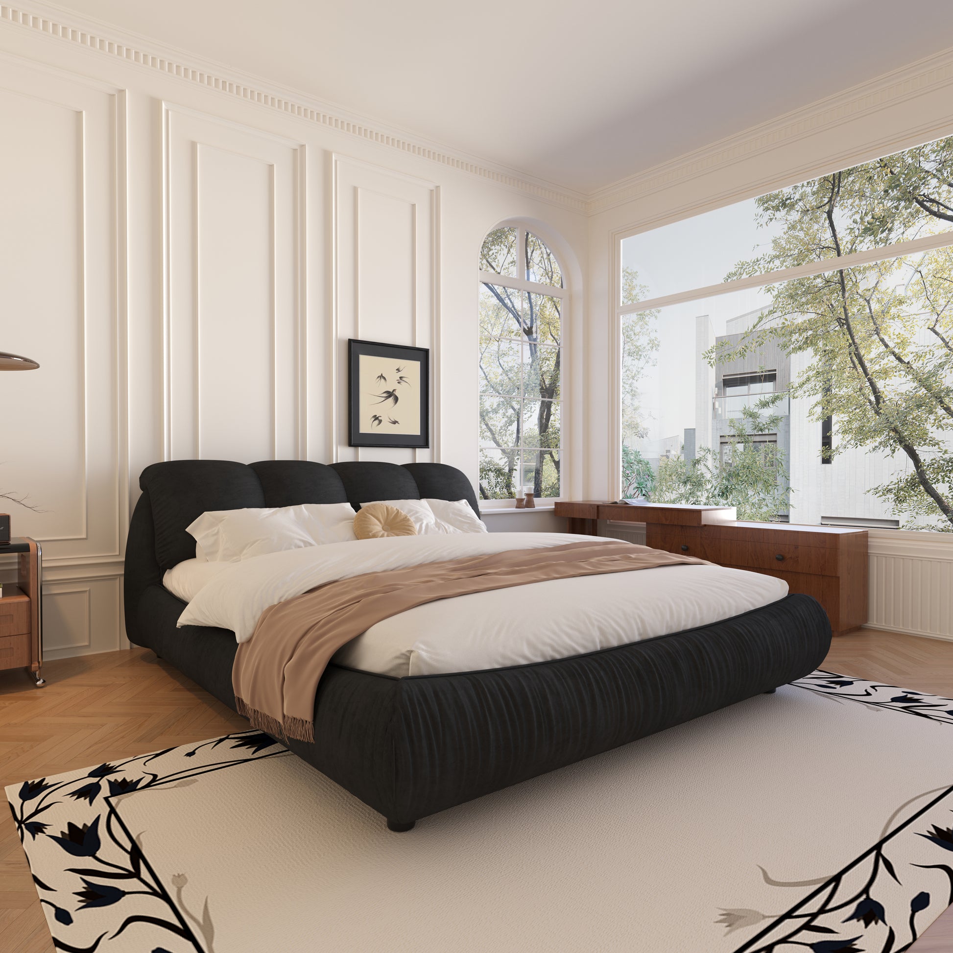 King Size Luxury Upholstered Platform Bed With Oversized Padded Backrest And Solid Wood Frame,Suitable For Multiple Heights Of Mattresses,Black Old Sku:W1885S00017 Box Spring Not Required King Black Wood Pine Solid Wood