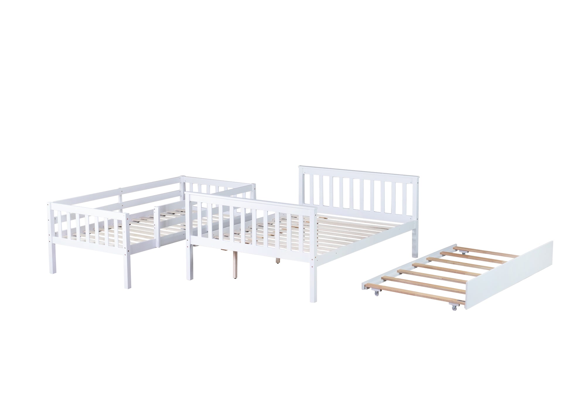 Twin Over Full Rubber Wood Bunk Bed With Trundle, Convertible Ladder And Guardrail, Detachable, Convertible Bed, With Twin Size Trundle ,White Twin White Rubber Wood