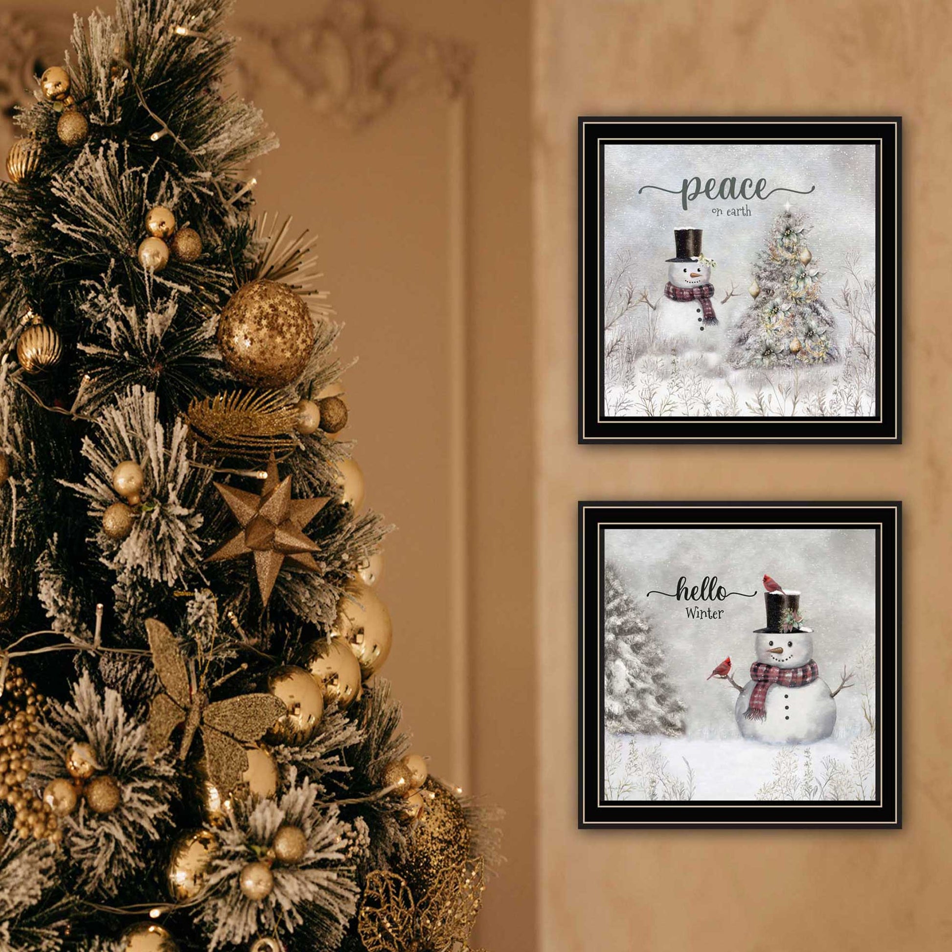 2 Piece Vignette Winter Peace On Earth Black Framed Wall Art For Living Room, Holiday Wall Art Print For Home Decor, Bedroom Wall Art By Robin Lee Viera Multicolor Wood Paper