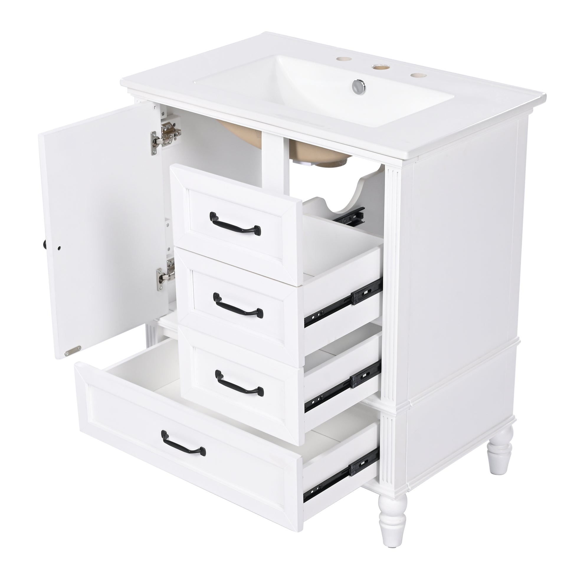 30" Bathroom Vanity With Sink, Bathroom Cabinet With A Door, Three Drawers, Solid Wood Legs & Mdf Board, Adiustable Foot Pads, White White Mdf
