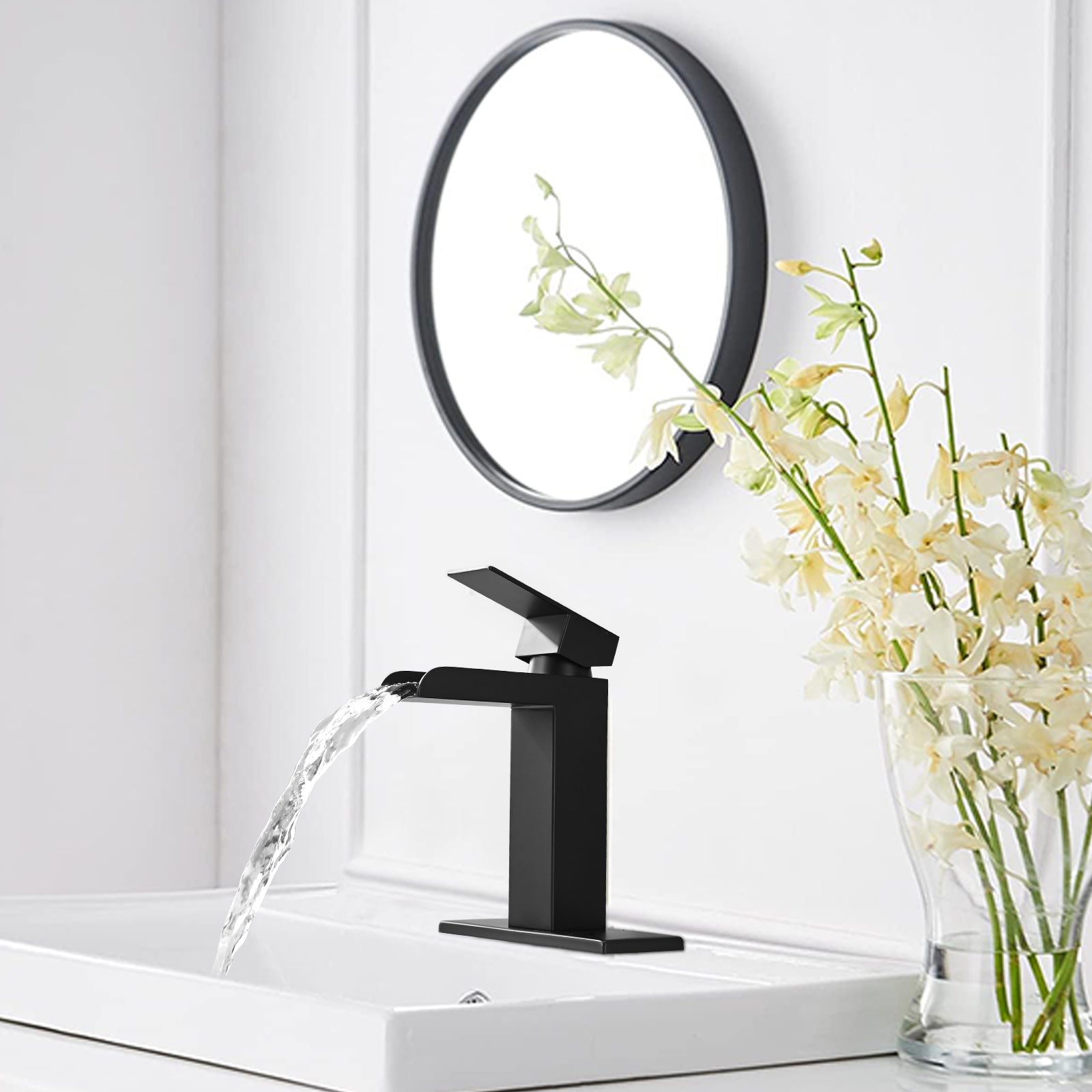 Waterfall Bathroom Faucet Black Single Handle Bathroom Sink Faucets 1 Or 3 Hole Solid Vanity Faucet With Deck Plate & Overflow Pop Up Drain Matte Black One Matte Black Deck Mounted Bathroom Matte Black Stainless Steel