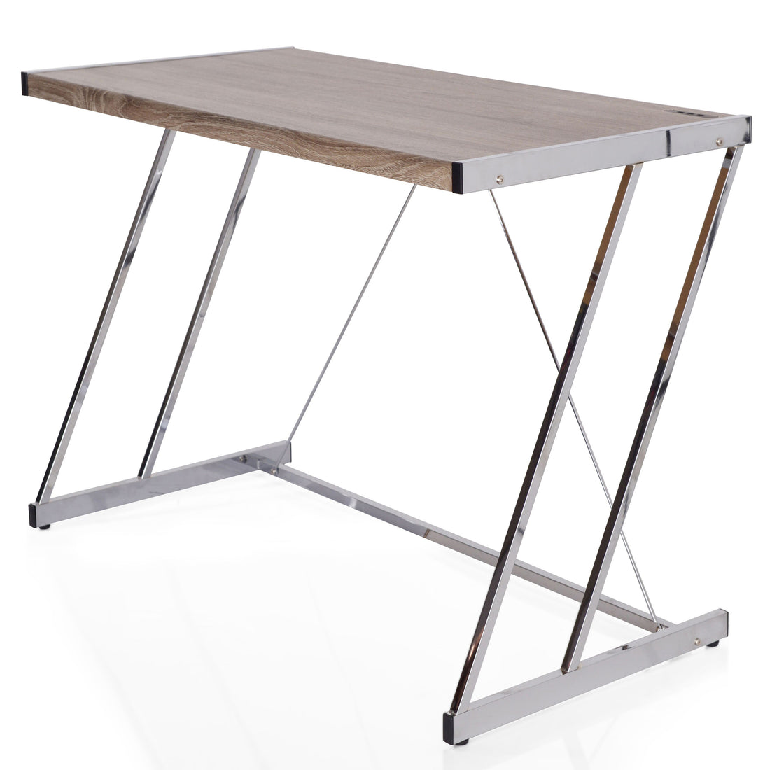 Weathered Oak And Chrome Writing Desk With Usb Ports Oak Silver Built In Outlets Or Usb Writting Desk Office Modern Rectangular Desk Wood Metal Sled