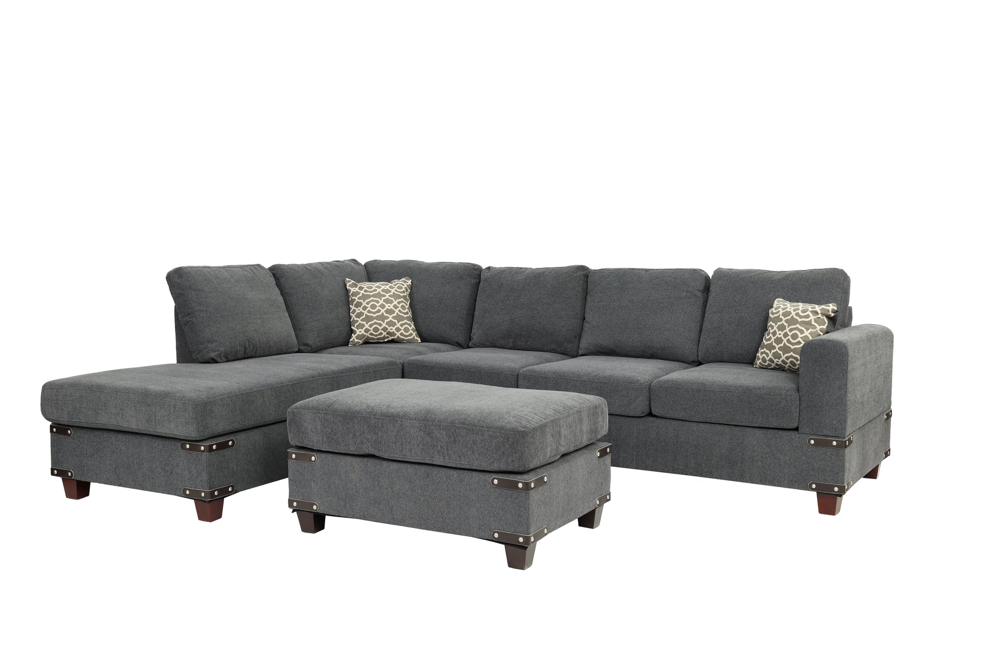 Living Room Furniture Charcoal Chenille Sectional W Ottoman Linen Like Fabric Sofa Reversible L R Chaise Ottoman 3Pc Sectional Sofa Charcoal Chenille Wood Primary Living Space Cushion Back