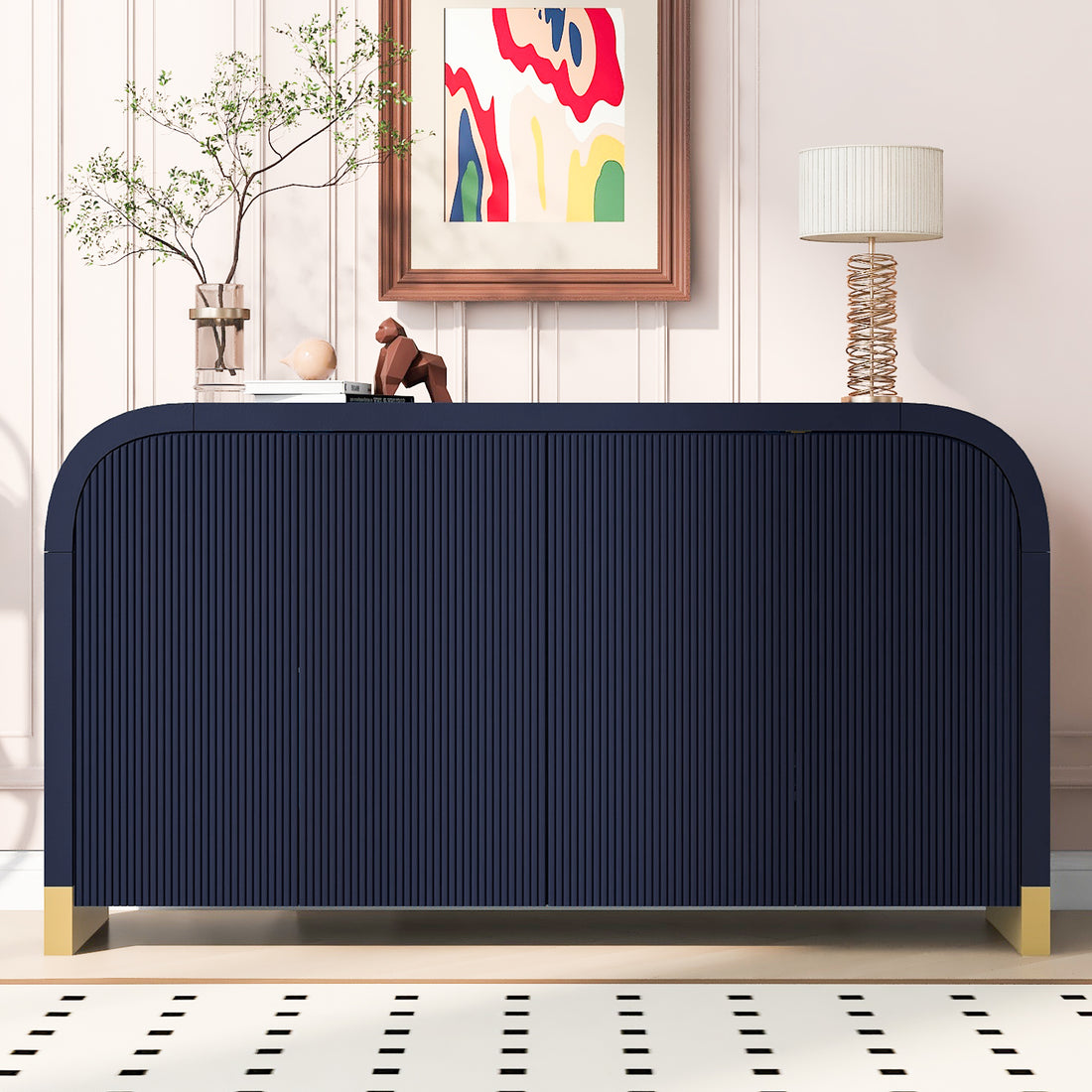 4 Door Curved Corner Design Wavy Door Panel Cabinet With Adjustable Shelves, Suitable For Study, Living Room And Entrance Navy Blue Mdf