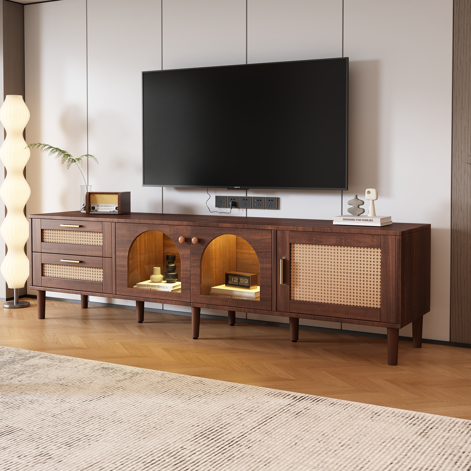 Rattan Tv Stand With 3 Cabinets & 2 Drawers, Rattan Inspired Media Console Table For Tvs Up To 80'', Led Light Entertainment Center, Tv Cabinet For Living Room, Bedroom, Home Theatre Dark Brown