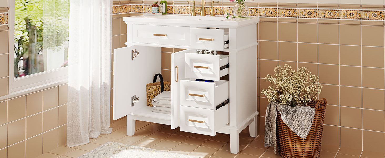 36 Inch Bathroom Vanity With Resin Sink, Modern Bathroom Cabinet In White,Featuring Two Soft Close Doors And Four Drawers White Bathroom Solid Wood Mdf Resin