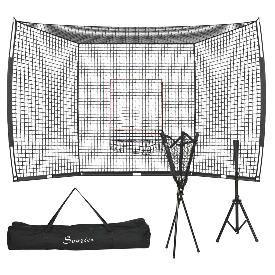 Soozier 17' X 5.5' Baseball Net With Strike Zone, Tee, Caddy, And Carry Bag For Pitching And Hitting, Portable Extra Large Softball And Baseball Training Equipment Black Steel