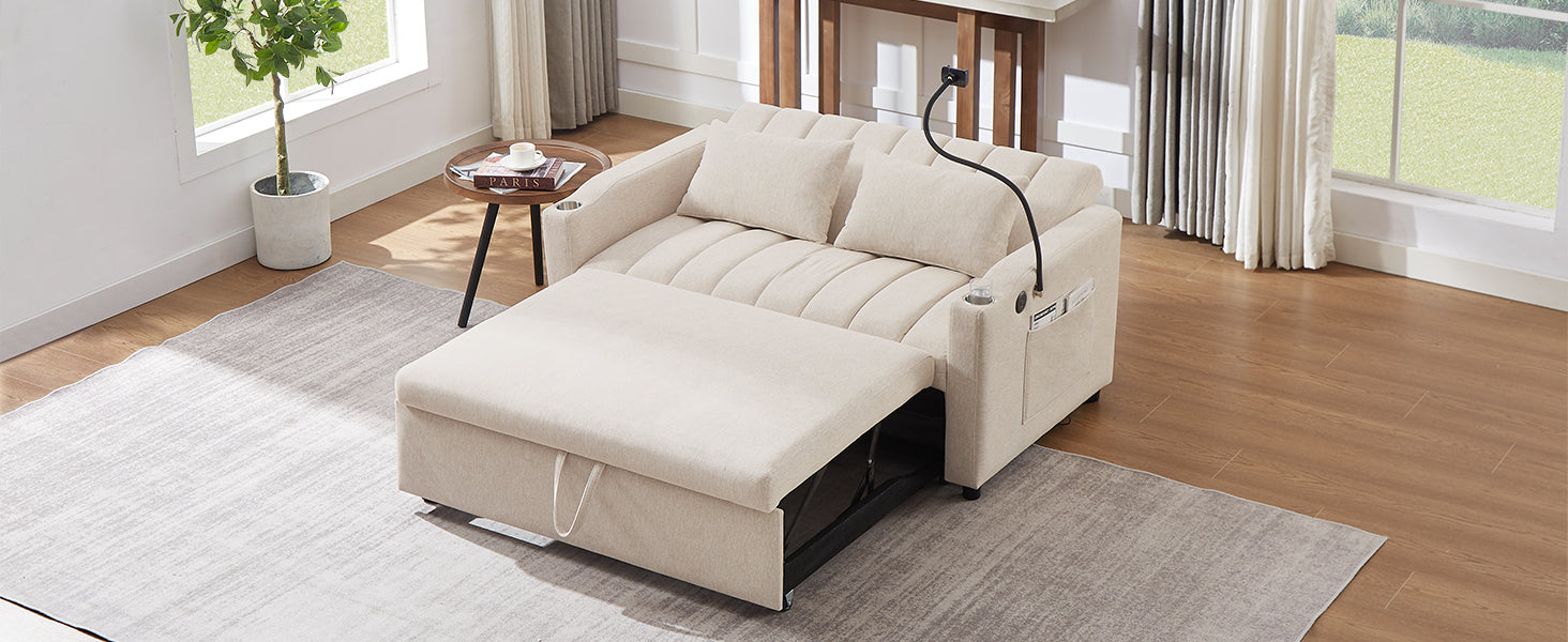 55.9" Convertible Sofa Bed Loveseat Sofa With Three Usb Ports, Two Side Pockets, Two Cup Holders And 360 Swivel Phone Holder For Living Room, Beige Beige Foam Polyester