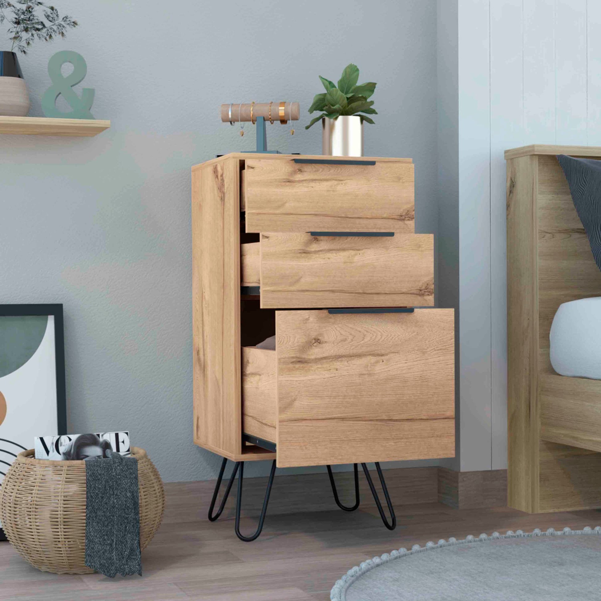 Augusta Light Dresser, Hairpin Legs, Superior Top,Three Drawers Light Oak Beige Bedroom Modern Particle Board Particle Board