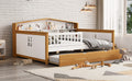Full Size House Shape Daybed With Trundle And Bookcase Headboard Wooden Bed For Girls Boys Teens, No Box Spring Needed, Walnut And White Box Spring Not Required Full White Walnut Wood Bedroom Cute Pine Bed Frame Wood