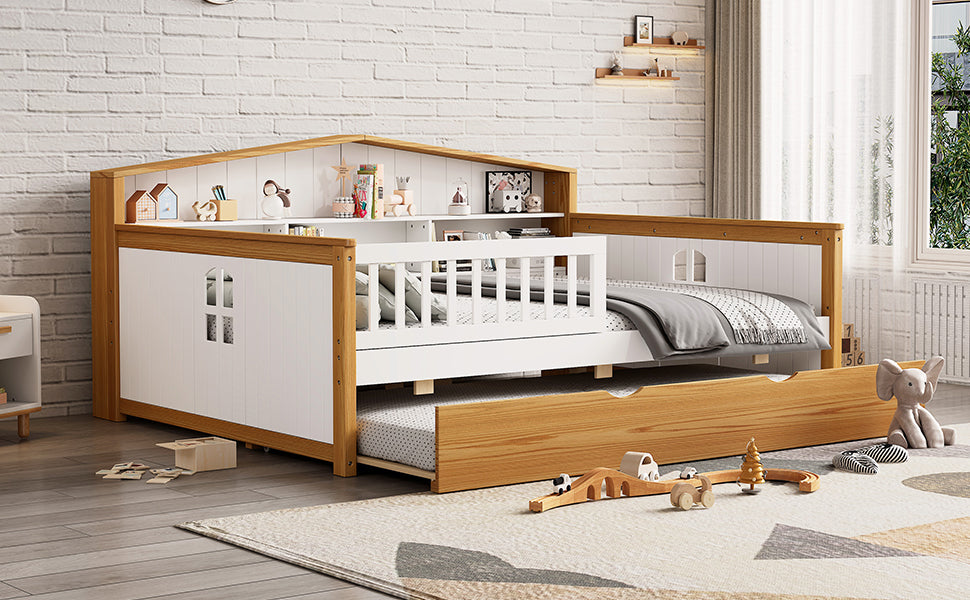 Full Size House Shape Daybed With Trundle And Bookcase Headboard Wooden Bed For Girls Boys Teens, No Box Spring Needed, Walnut And White Box Spring Not Required Full White Walnut Wood Bedroom Cute Pine Bed Frame Wood