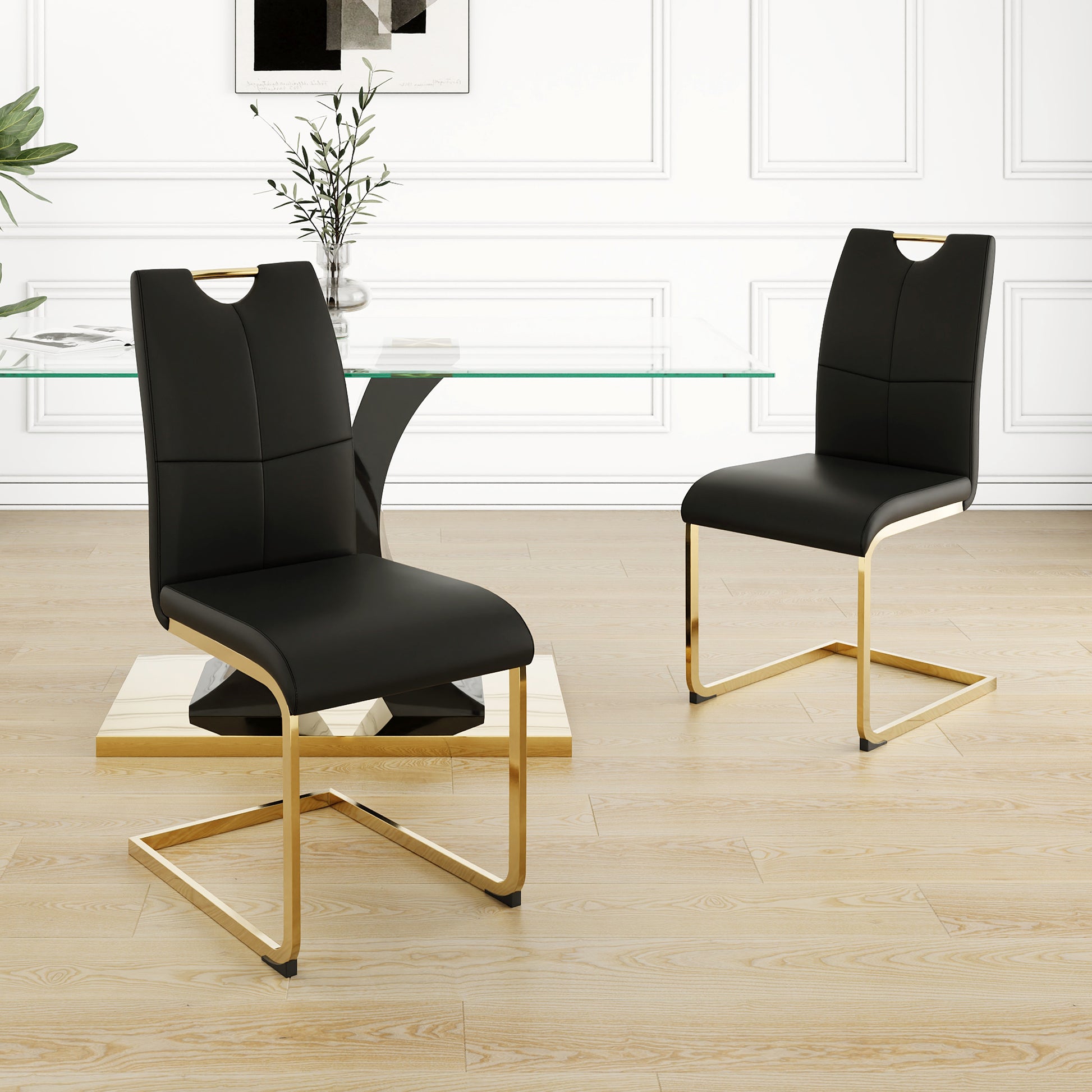 Modern Style Glass Dining Table, Elegant Transparent Design, Solid Support Base, Black Dining Chair Set, Gold Plated Chair Legs, Suitable For Restaurant Kitchen Use Set Of 5 Black Gold Seats 4 Mdf Glass