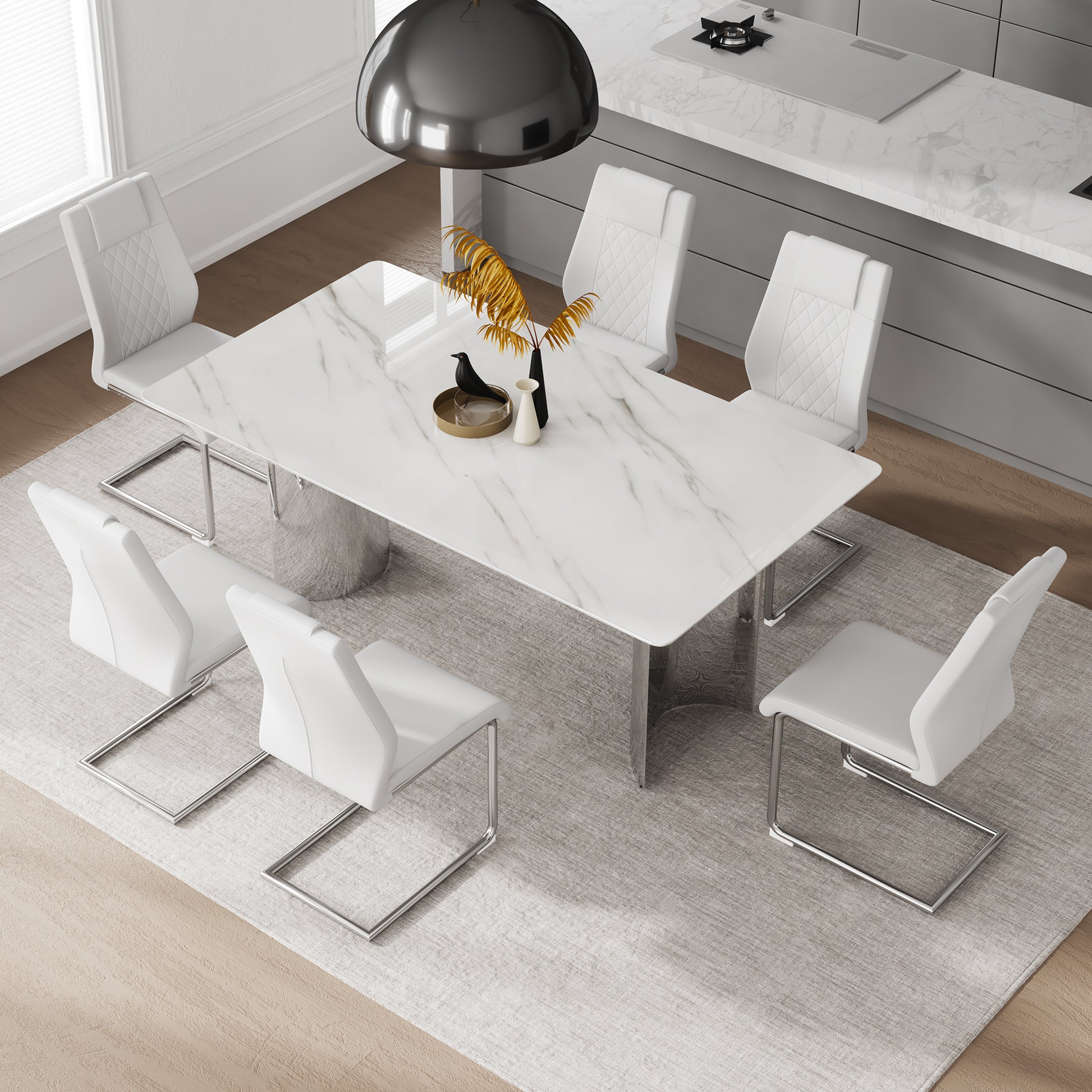 Table And Chair Set, Modern And Minimalist Dining Table. Imitation Marble Glass Sticker Desktop, Stainless Steel Legs, Stable And Beautiful. Comfortable Pu Seats. Dt 69 Silver Glass