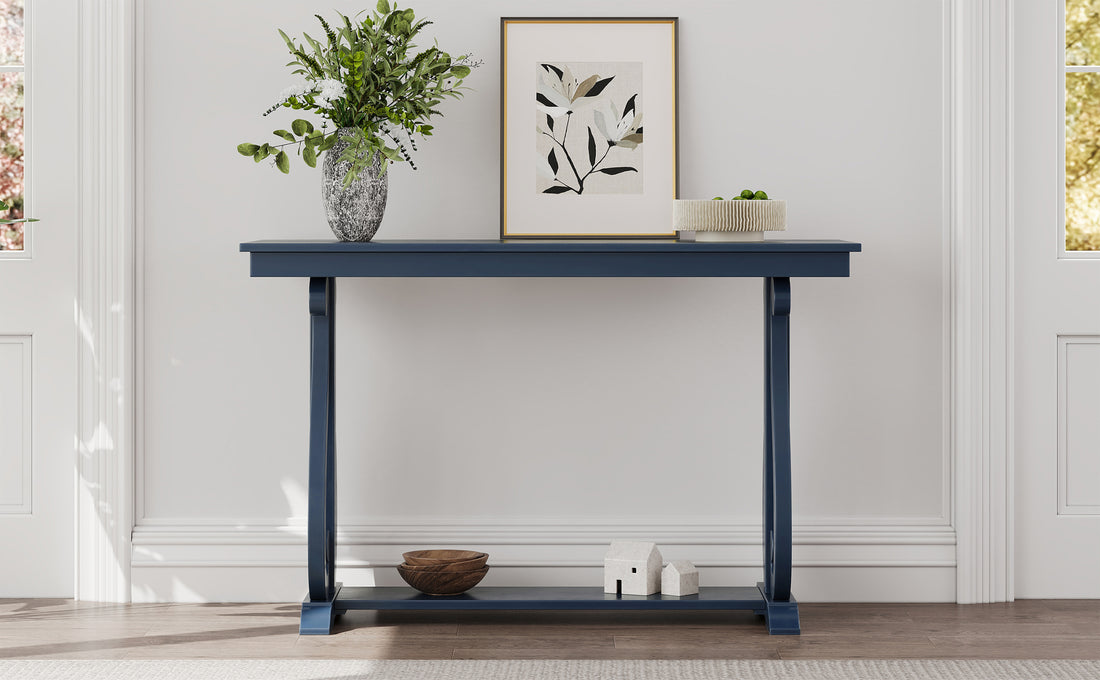 48 Inch Rustic Vintage Console Tablefarmhouse Style Entryway Table With Open Shelf And Sturdy Construction For Entryway And Living Room Navy Navy Distressed Finish Primary Living Space Antique,Rustic,Vintage Open Storage Console Tables Brushed