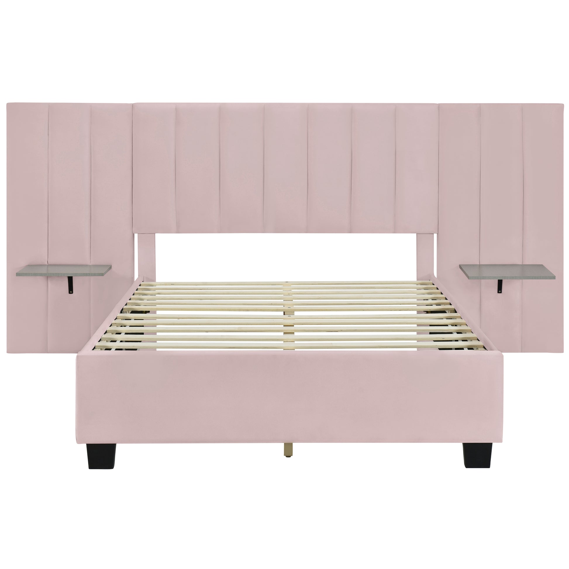 Full Size Upholstered Platform Bed With Big Headboard, Bedroom Furniture, Velvet, Pink Full Pink Plywood